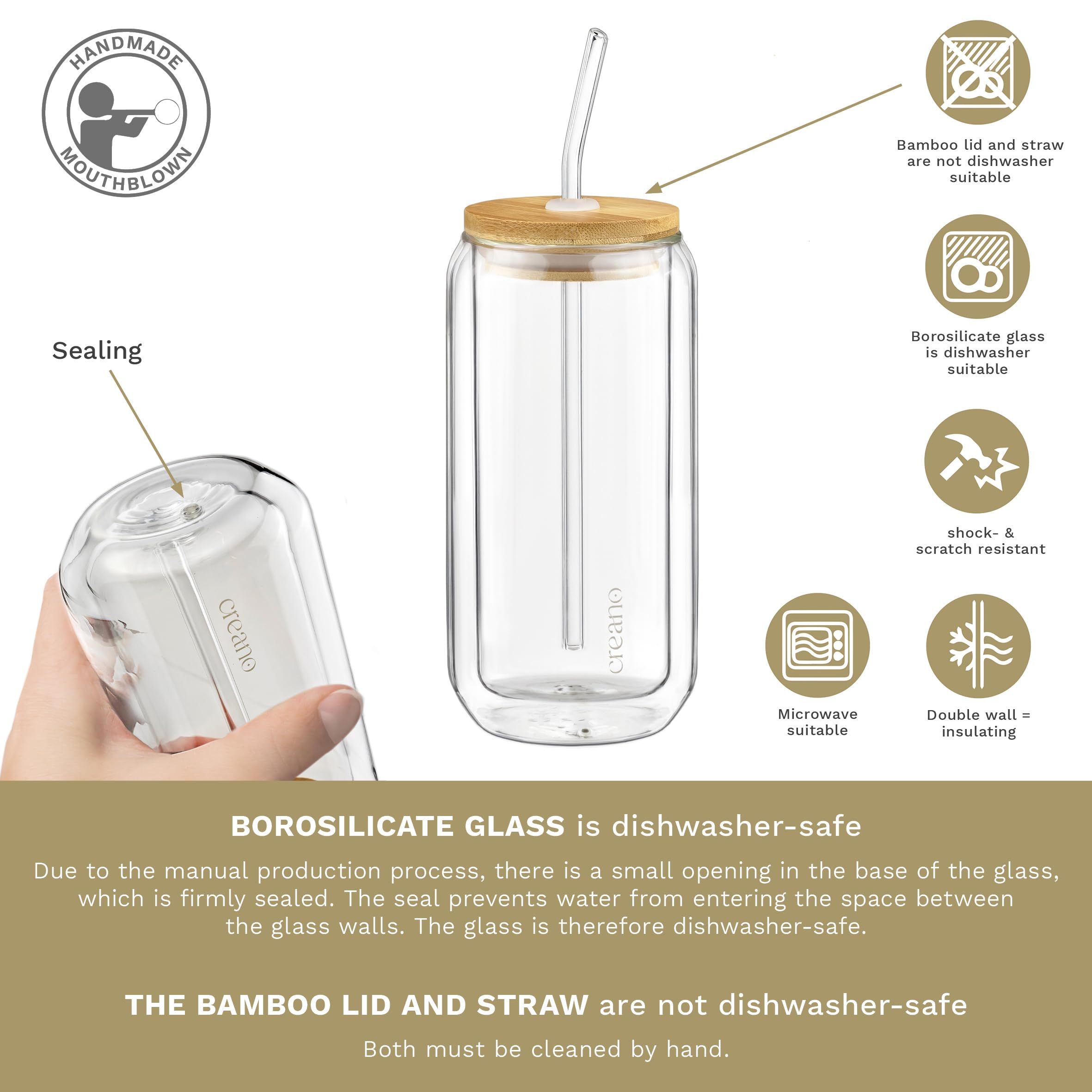 Creano doppelwandige Trinkgläser mit Bambusdeckel & Strohhalm 360ml - Smoothie Becher - Bubble Tea - Cocktailglas - 4er Set