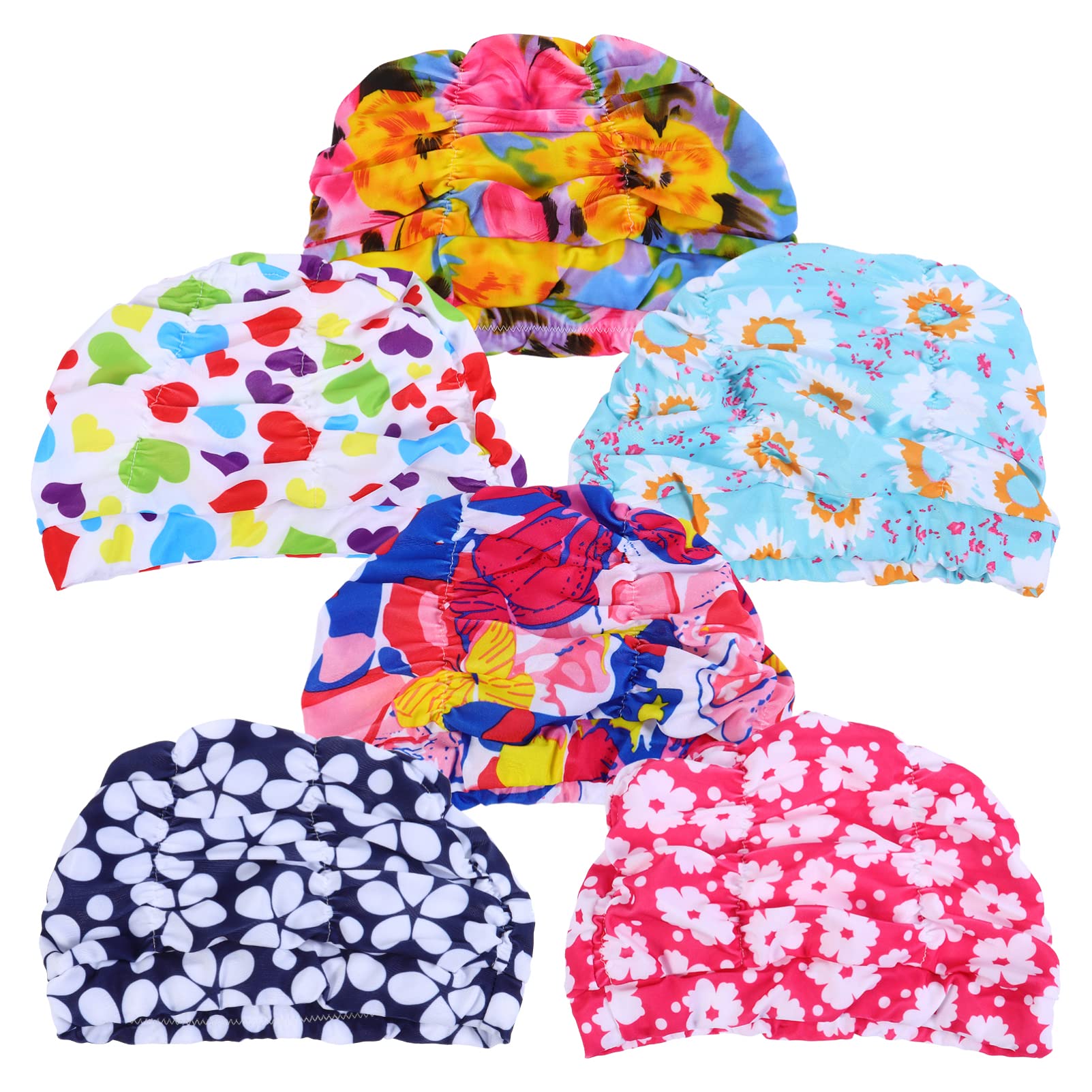 Kisangel Cuffie da Nuoto Elastiche in Nylon Stampa a Pieghe, Impermeabili, Confezione da 6 Pezzi, Colori Assortiti, Protezione per Chioma, per Adulti in Piscina