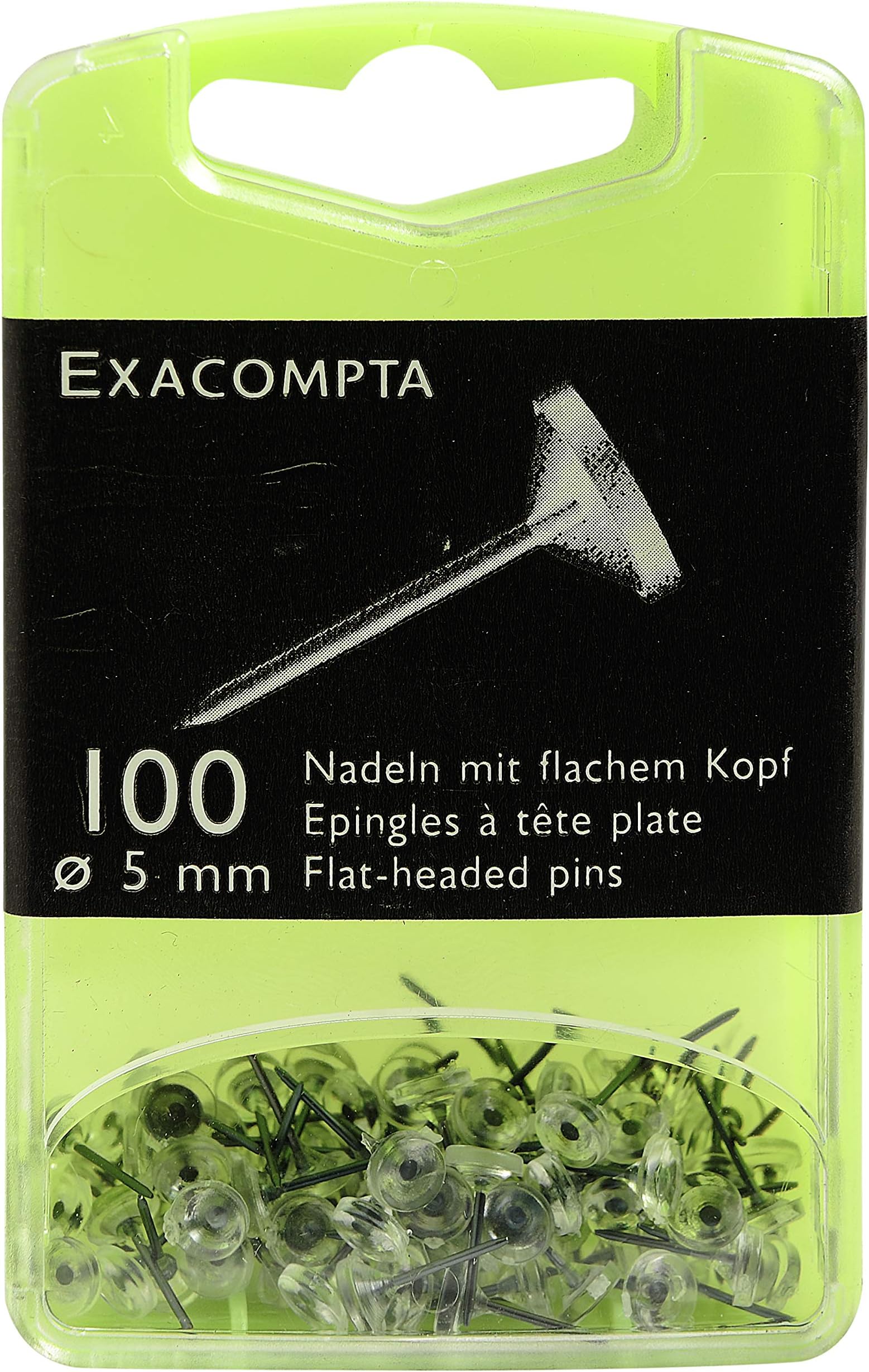 Exacompta - Ref 14512E - Flat-Headed Pins (Pack of 100) - 8mm Width x 5mm Height in Size - Suitable for Pinboards or Corkboards in Offices, Homes & Businesses - Crystal