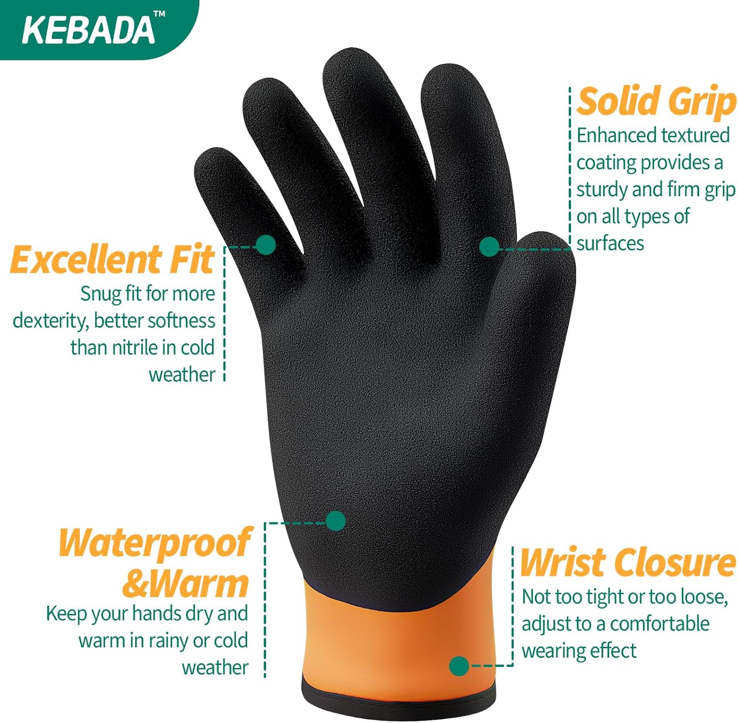 Kebada T2 Waterproof Winter Work Gloves for Men and Women - Thermal Insulated Freezer Gloves for Working in Freezer for Cold Weather, 100% Latex Coating, Wrist Closure, 1 Pair, Orange, Medium - Image 2