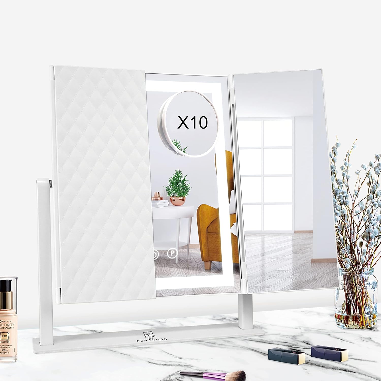FENCHILIN Trifold Makeup Mirror with Dimming Lighting and 10X