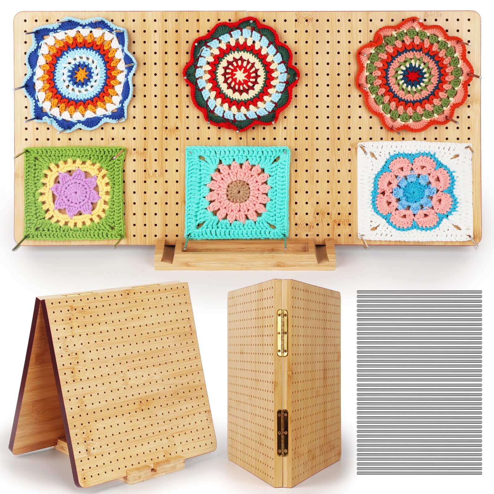 Reessy Crochet Blocking Board and Pins, Large Foldable Blocking Board for Crochet-Open: 22in×11in, Folded: 11in×11in, Granny Square Blocking Board, Wooden Blocking Board for Crocheting and Knitting