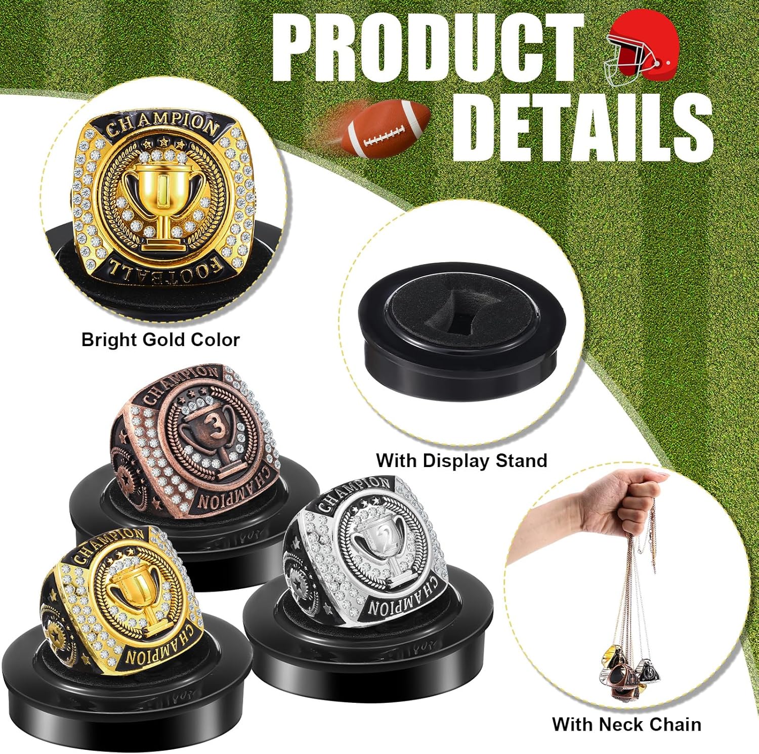 Landical 3 Set/12 Set 1st 2nd 3rd Champion Trophy Rings Championship Ring Bulk with Neck Chain and Display Stand Box Sport Victor Award Gift for Championship Sports Tournament or Champion Winner