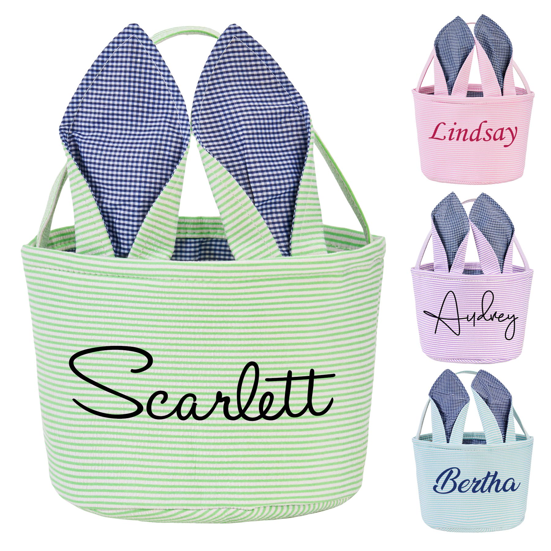 Personalized Easter Basket - Monogrammed with Name,Seersucker Easter Egg Hunt Baskets for Boys Girls,Custom Bunny Basket for Easter