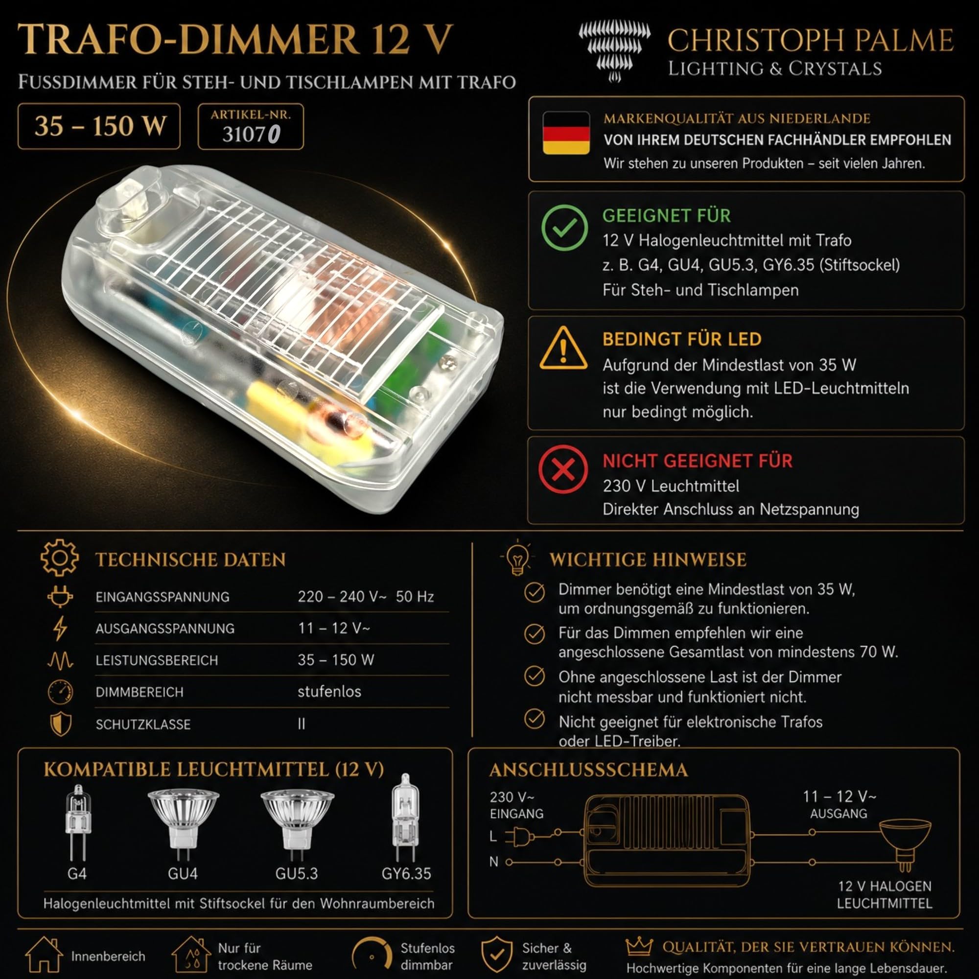 Dimmer für Stehlampen 12V Halogen mit Trafo 35–150W Fuß Schnurdimmer transparent 31070 Schnurzwischendimmer Dimmer-Trafo