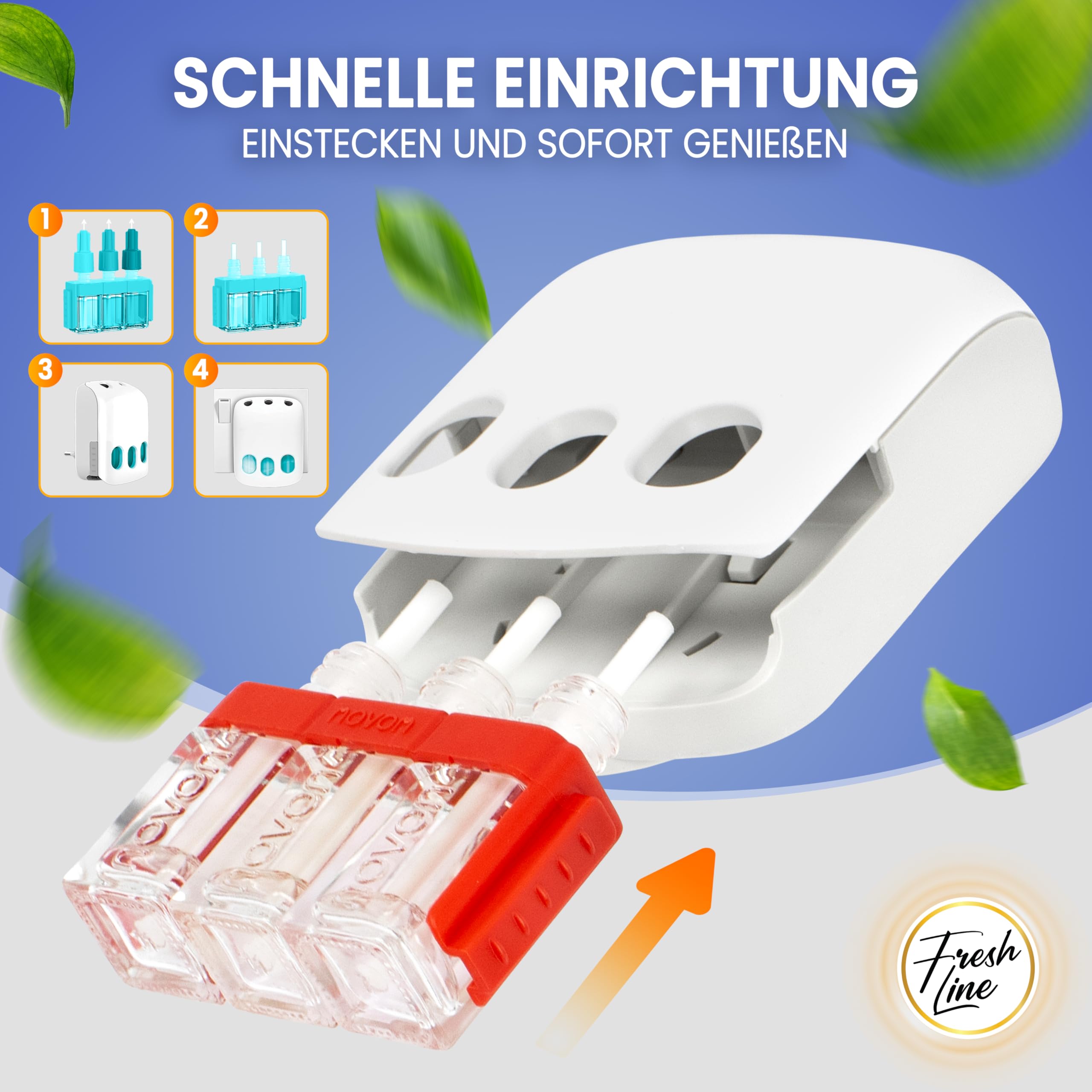 FRESH LINE® Zestaw 12 sztuk (3 x 7 ml) – 3-fazowa zmiana – kompatybilny z 3VOLUTION – odświeżacz powietrza – 6 zapachów: dzikie jagody, jaśmin, limonki, świeża kwietniowa, złota orchidea, wanilia