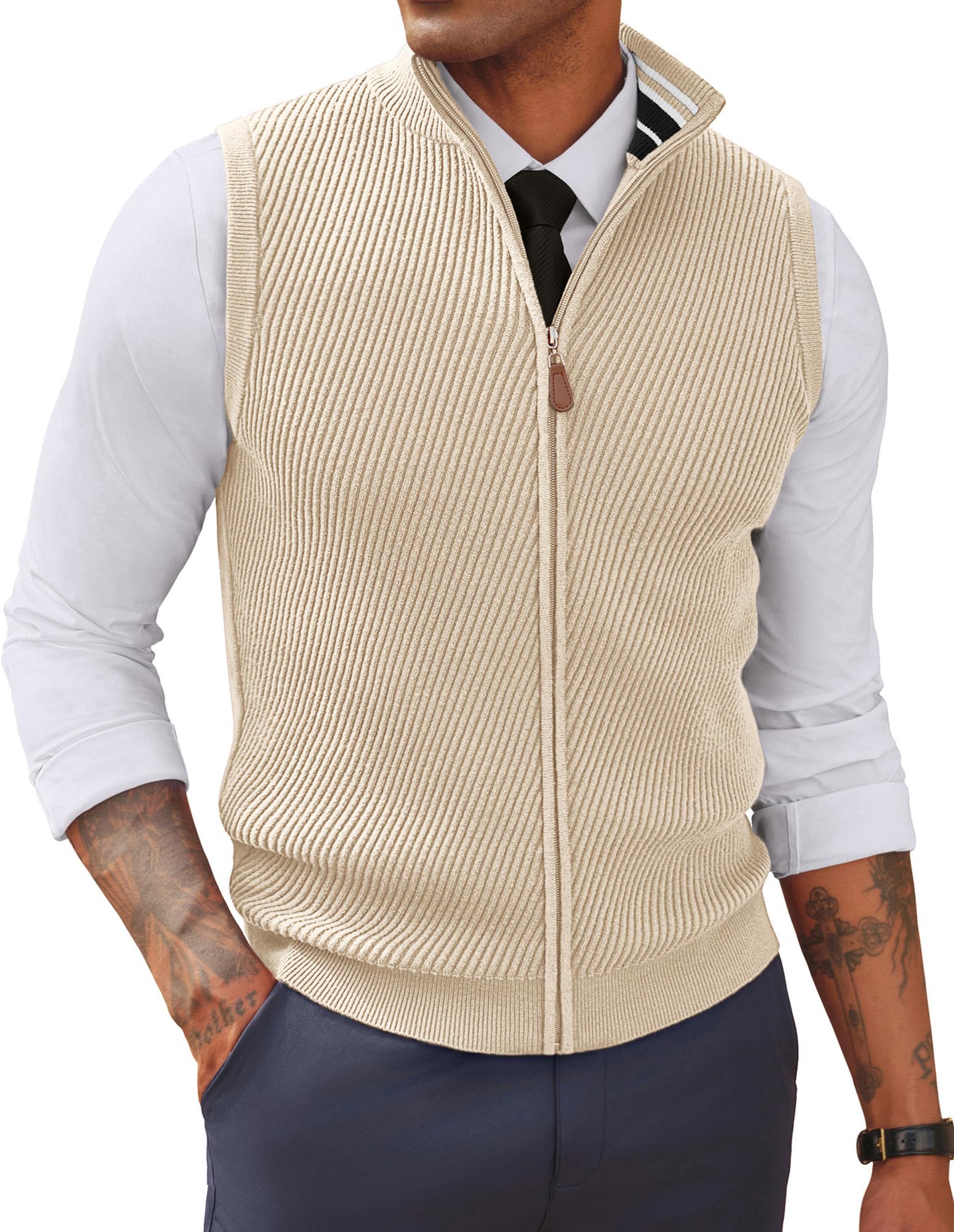 PJ PAUL JONES Chaleco de punto para hombre, cuello alto falso, cremallera completa