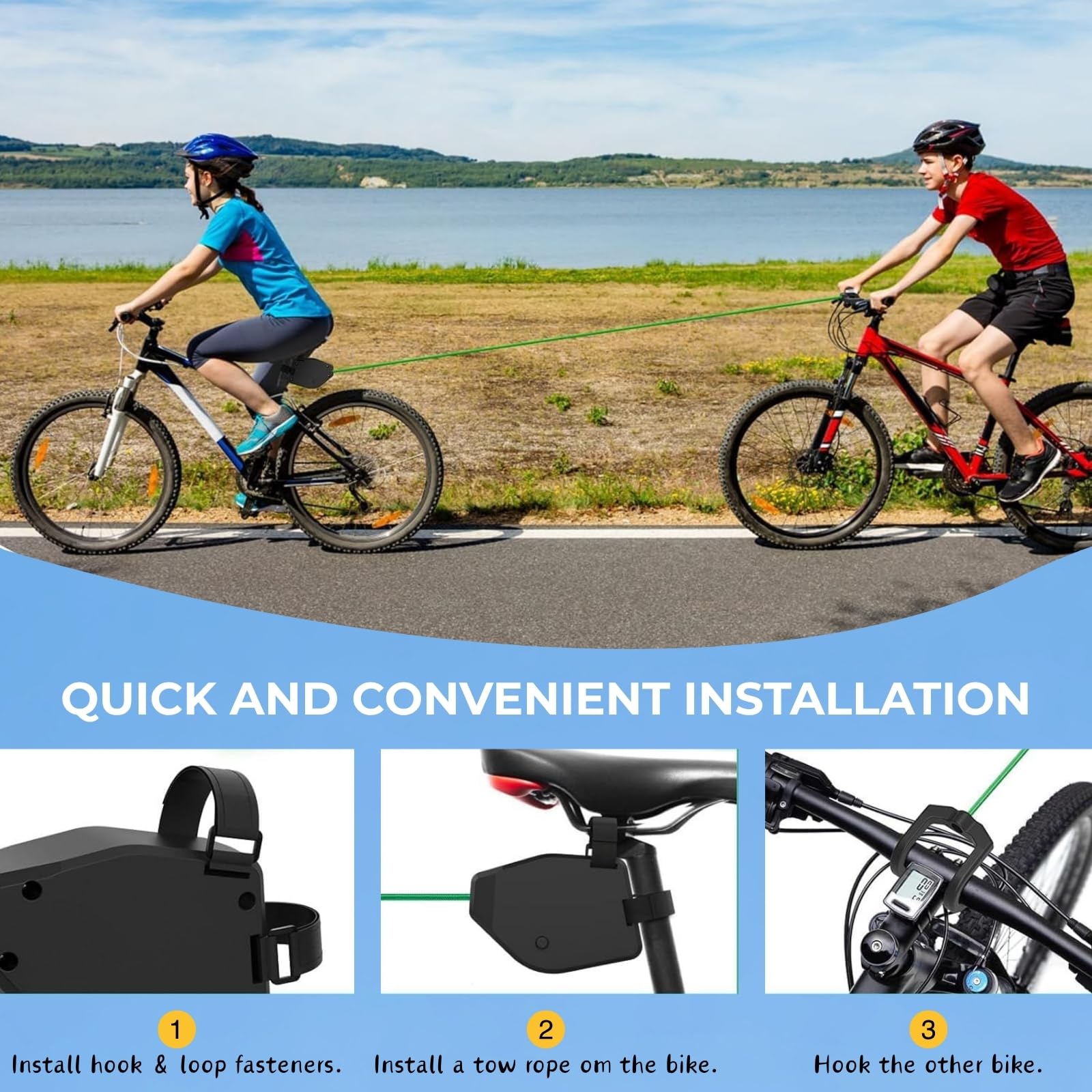 Kinder Fahrrad Abschleppseil 2,5m | Einziehbares Eltern-Kind Zugseil mit 90 kg Tragkraft | Fahrrad Zugsystem für MTB, E-Bike, Kinderfahrrad (Schwarz)