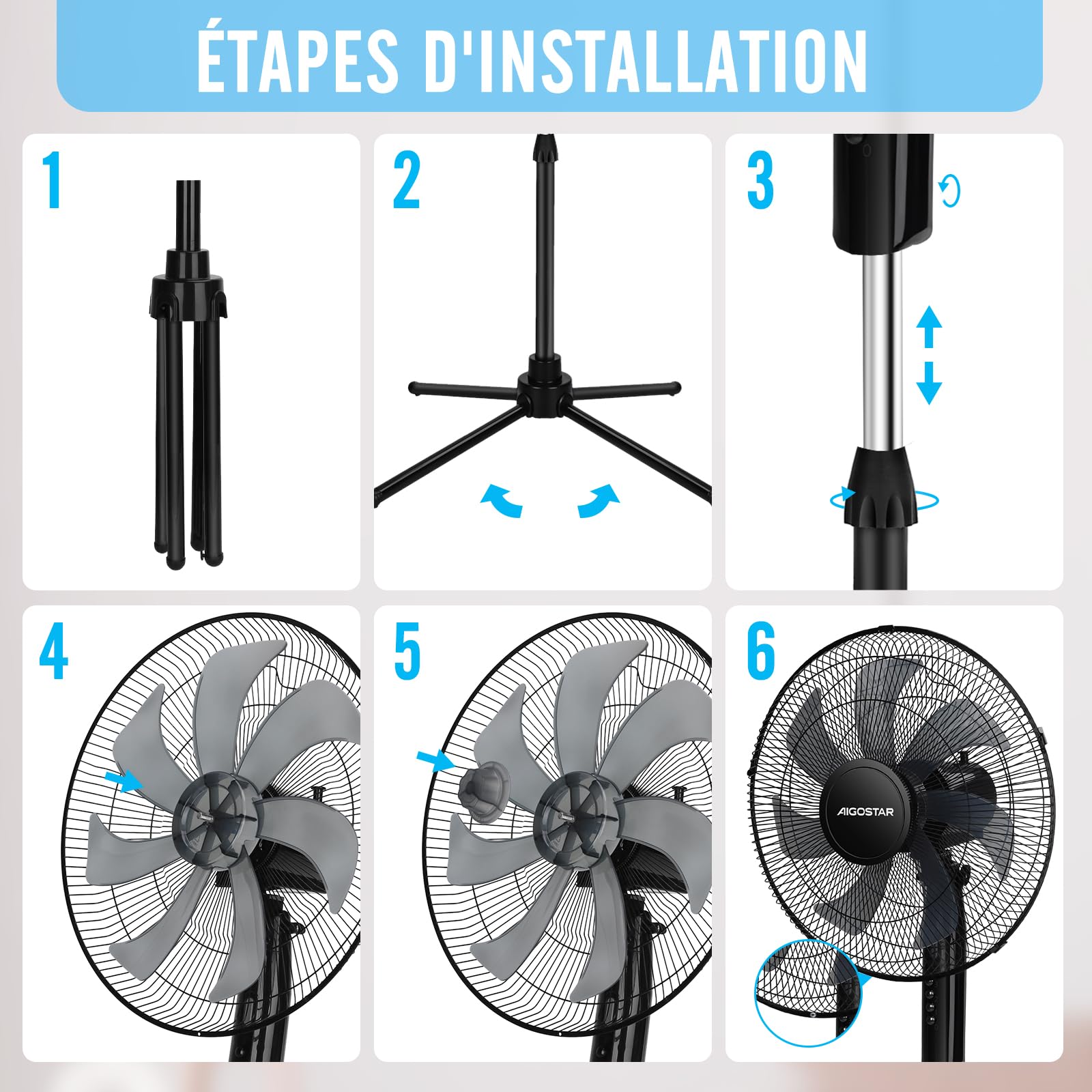 Aigostar Ventilateur sur pied, 7 Pales, 3 Vitesses, Puissant, Silencieux et Stable, 50W, Grille Sécurisée, VDE, Noir
