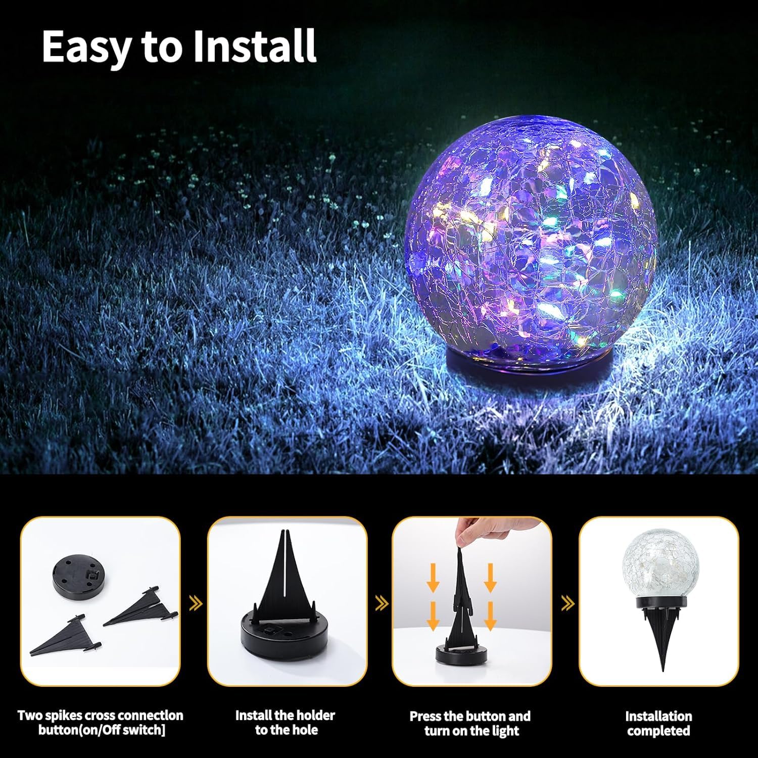 4 luci solari a globo per esterni, impermeabili, per giardino, sfera di vetro incrinato, luci solari per esterni, decorazioni per esterni e esterni, per patio e cortile, prato, cortile