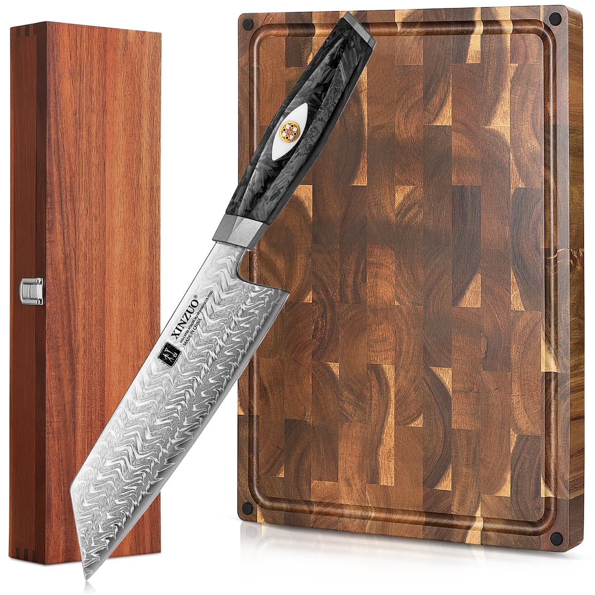 Couteau de Chef Kiritsuke Acier Damas 145 Couches M390 Manche Carbone et Planche Cuisine Acacia
