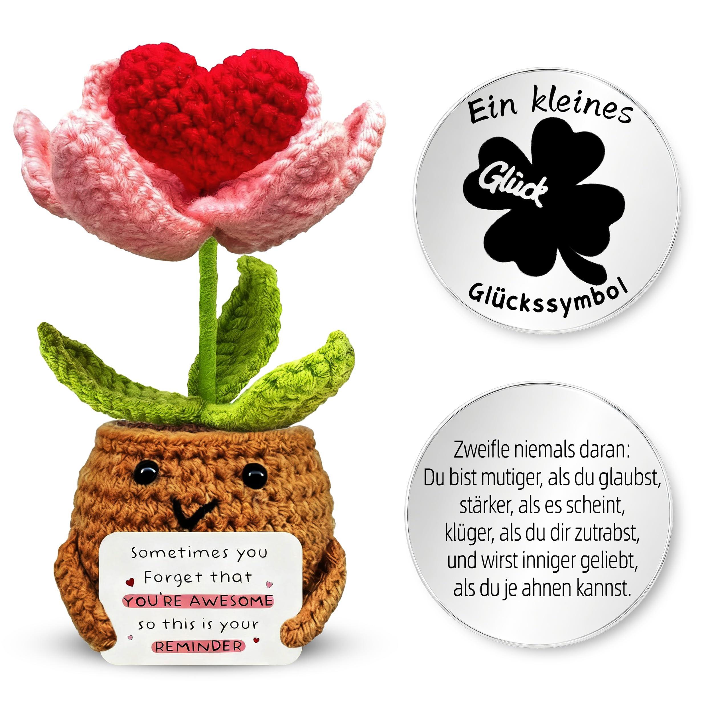 Gehäkelter Herz-Blumentopf mit Glücksmünze - Emotionale Unterstützung Geschenk für Frauen Männer Familie Freunde zu Geburtstag Muttertag Abschluss Deko