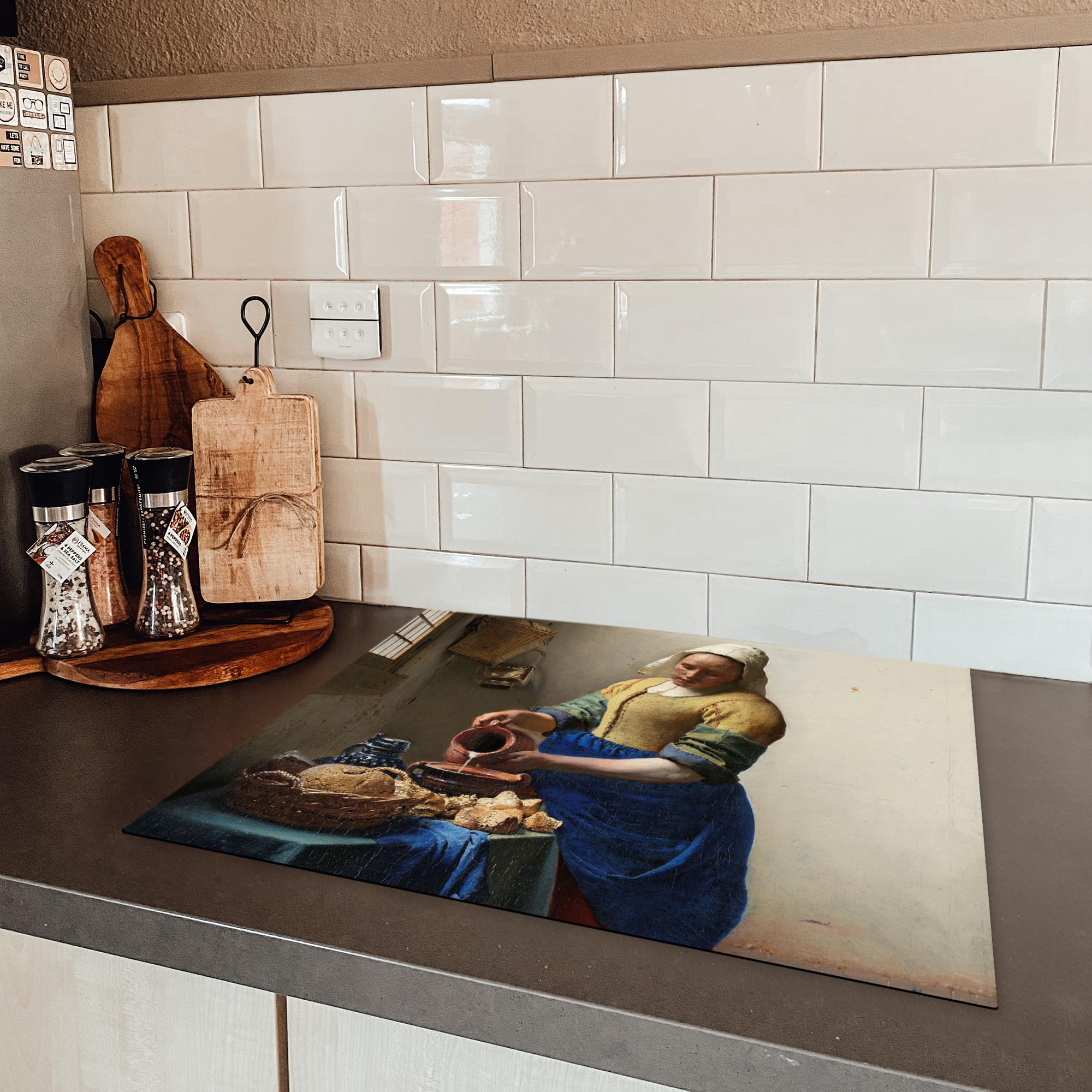 MuchoWow Inductiebeschermer - Inductie mat - Vinyl - Het melkmeisje - Kunst - Oude meesters - Vermeer - 59x51 cm - Inductie beschermer