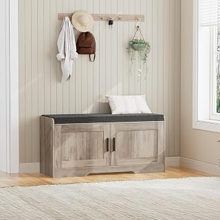 Homleke 2-Tier Greige Shoe Storage Bench with Padded Cushion, Adjustable Shelves & Doors - 37.4"W Entryway Organizer