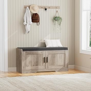 Homleke Shoe Storage Bench, 2 Doors & Thickened Padded Seat Cushion