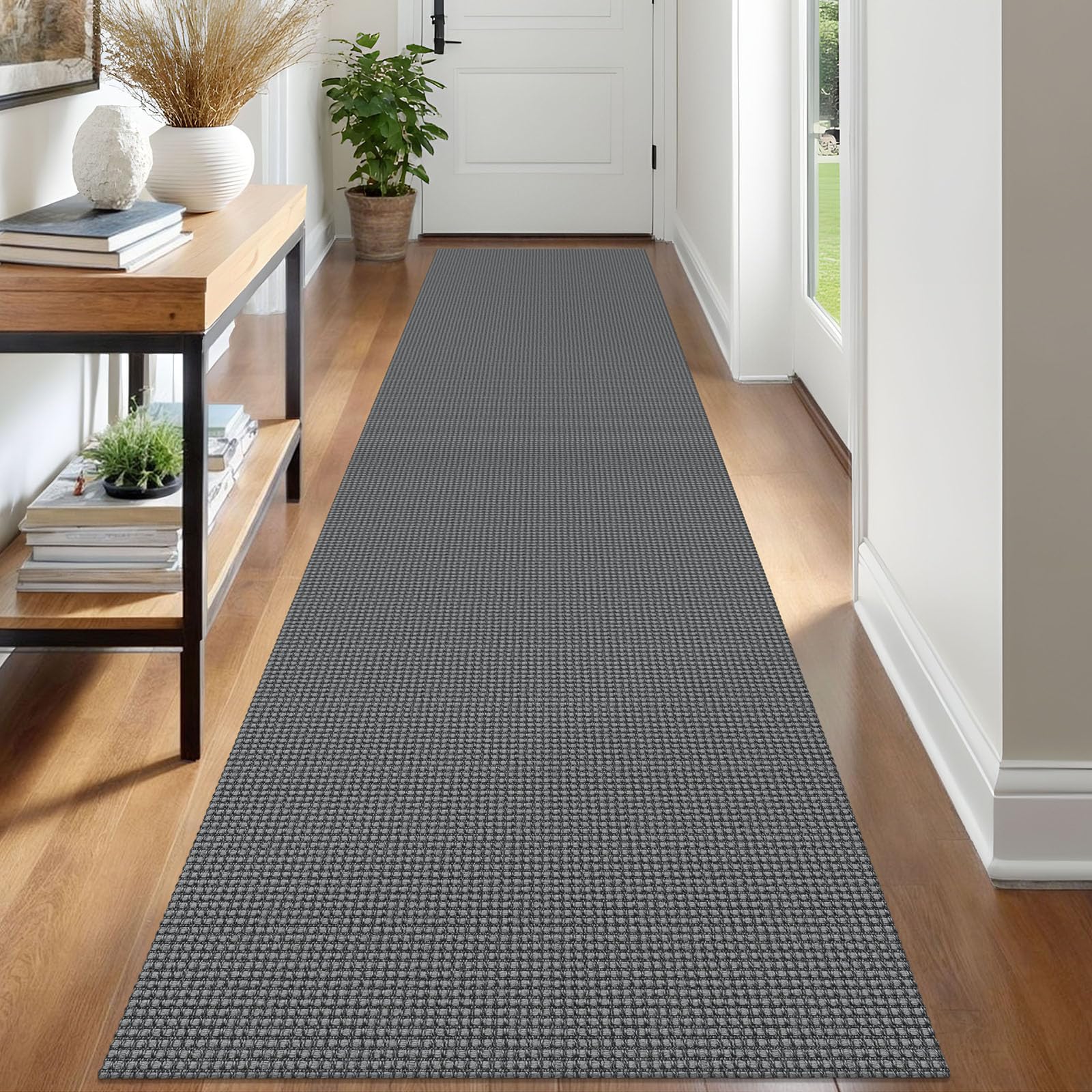 IOHOUZE Washable Runner Rug 2.6x12 Non Slip Rubber Backed Extra Long Hallway Runner Entryway Runner Indoor, Kitchen Rugs Woven Cotton Floor Carpet for Hall Entrance, Dark Grey