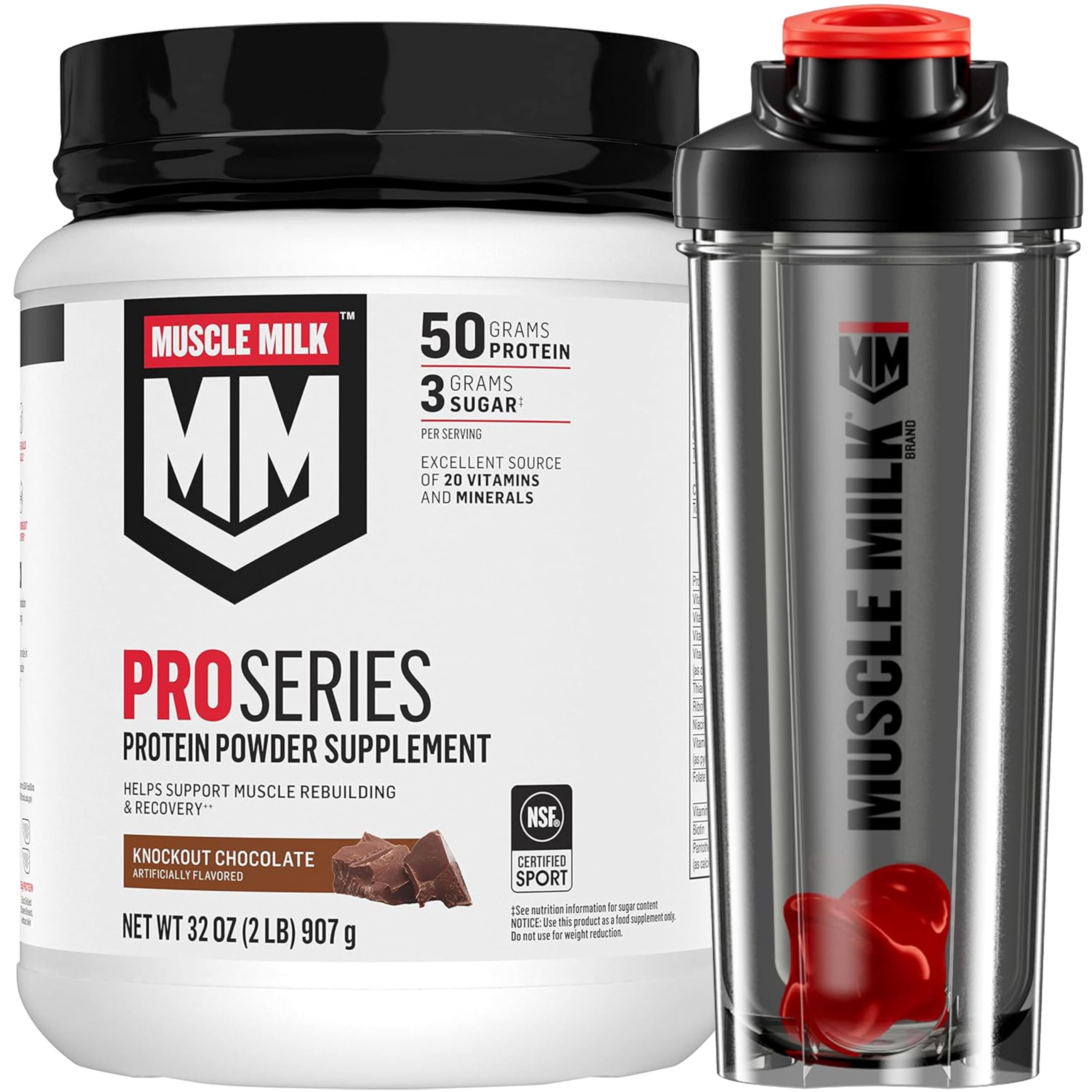 Bundle of Muscle Milk Pro Series Protein Powder Supplement,Knockout Chocolate,2 Pound,11 Servings,50g Protein,3g Sugar + Muscle Milk Blender Bottle, 24 Oz