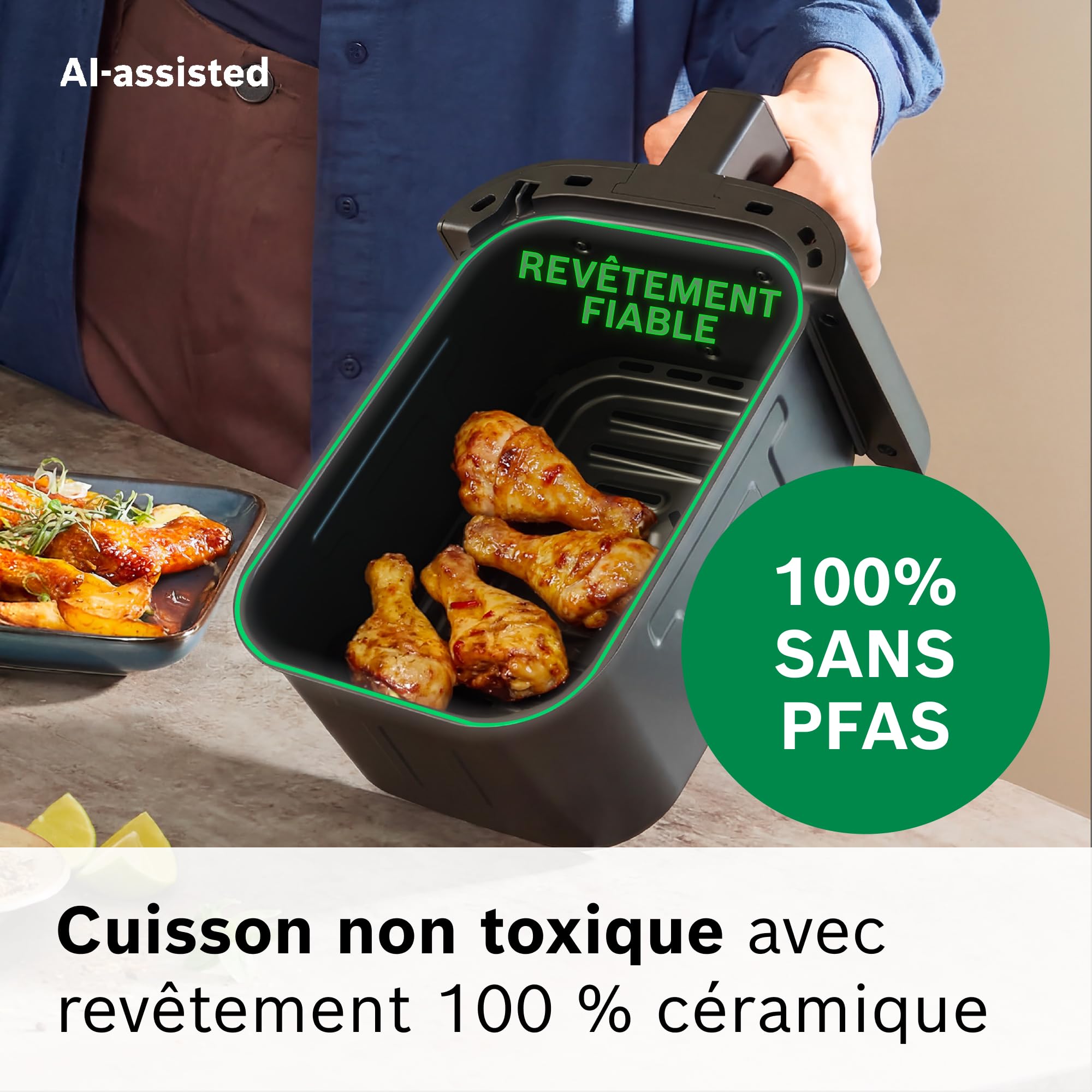 Bosch Air Fryer Série 2, friteuse à air compacte 4L pour jusqu’à 2 personnes, 6 programmes, revêtement non toxique sans PFAS, 1300W, noir, MAF24AB0