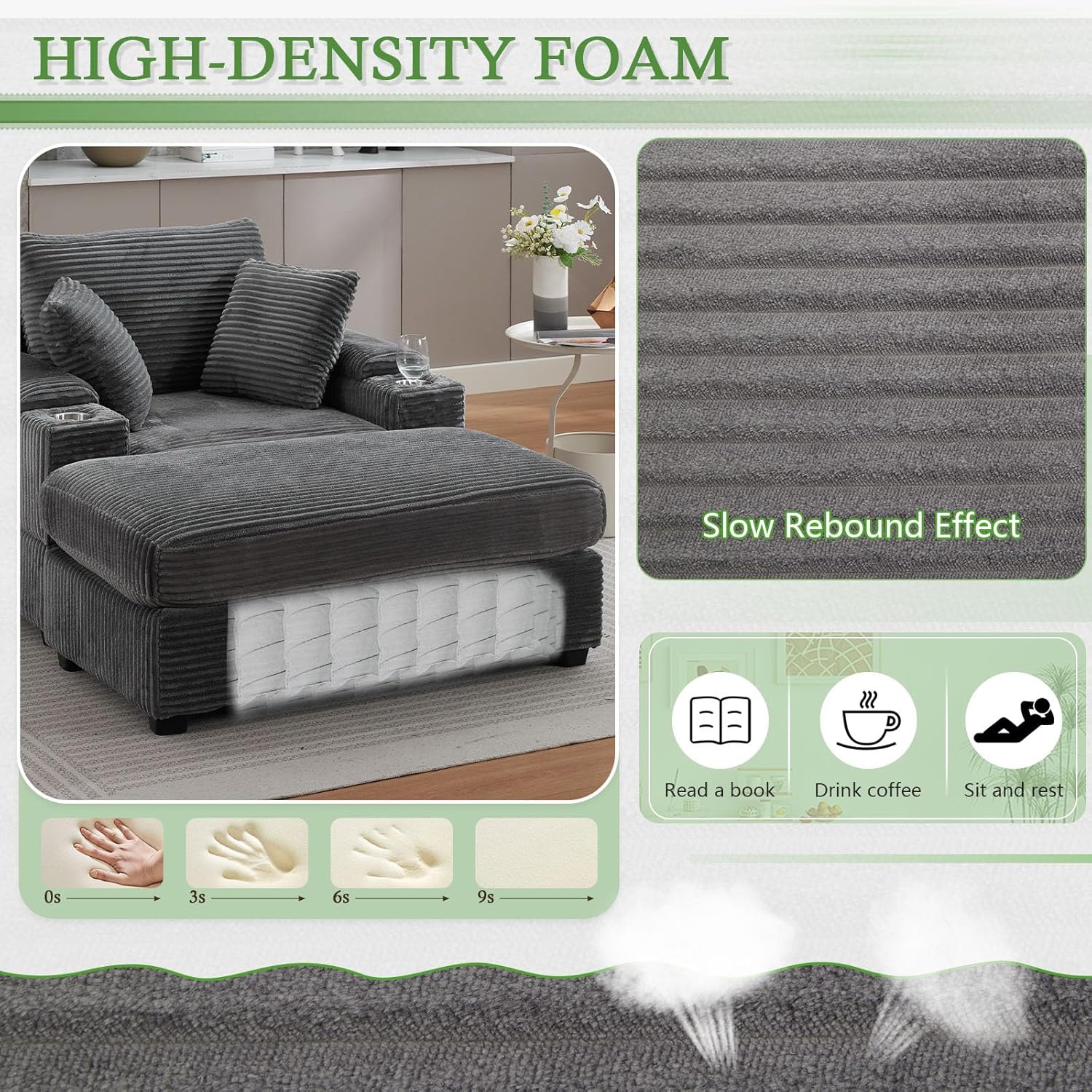 Oversized Corduroy Chaise Lounge Chair Indoor with Storage and Ottoman, Sleeper Chair with Cup Holder, Deep Seat Upholstered Sofa Bed, Reclining Chair for Living Room, Bedroom, Office Grey