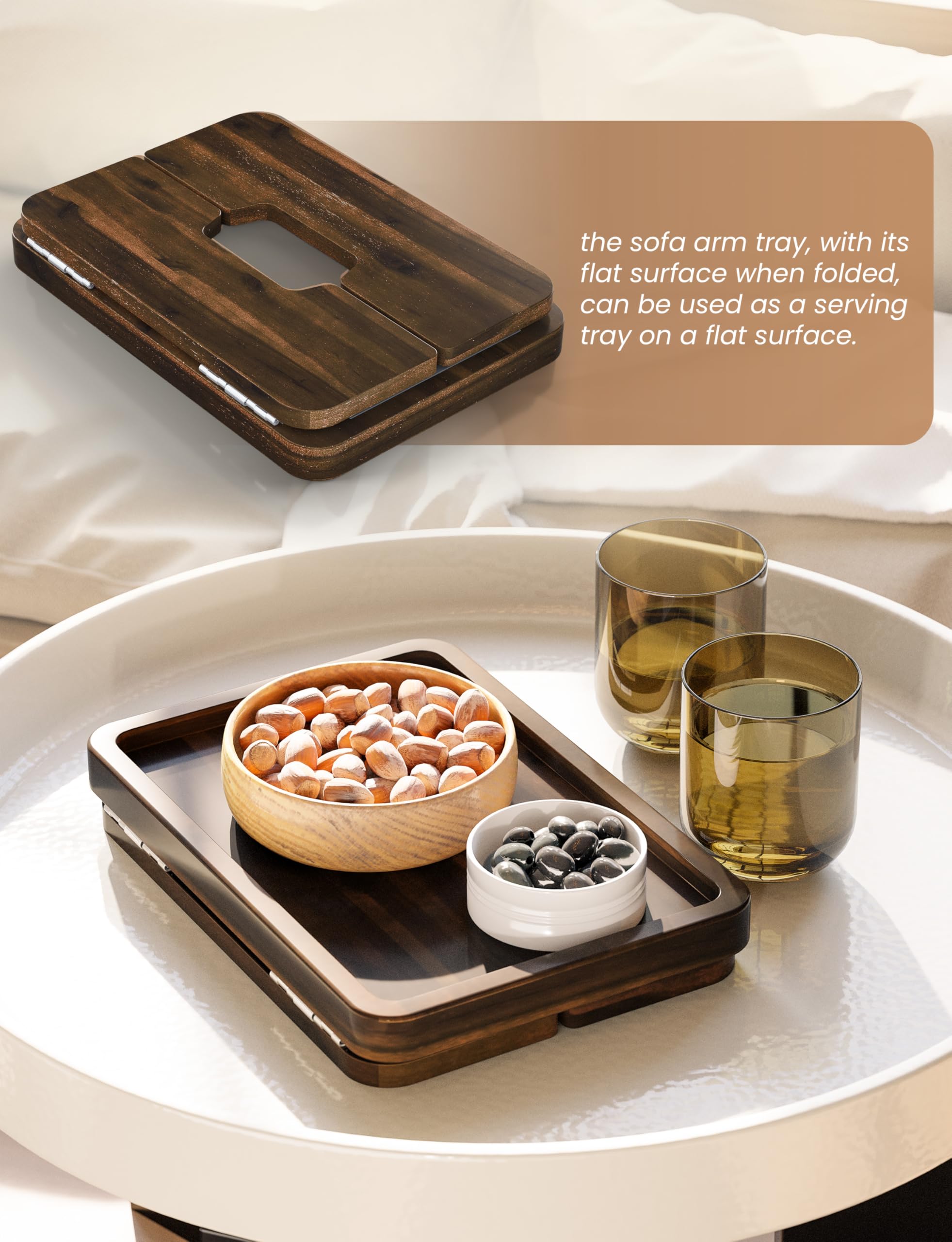HOLANA Bandeja para reposabrazos de sofá de madera de acacia, doble bisagra, clip de mesa, mesa para reposabrazos de sofá, mesas auxiliares de madera para espacios pequeños para comer y beber