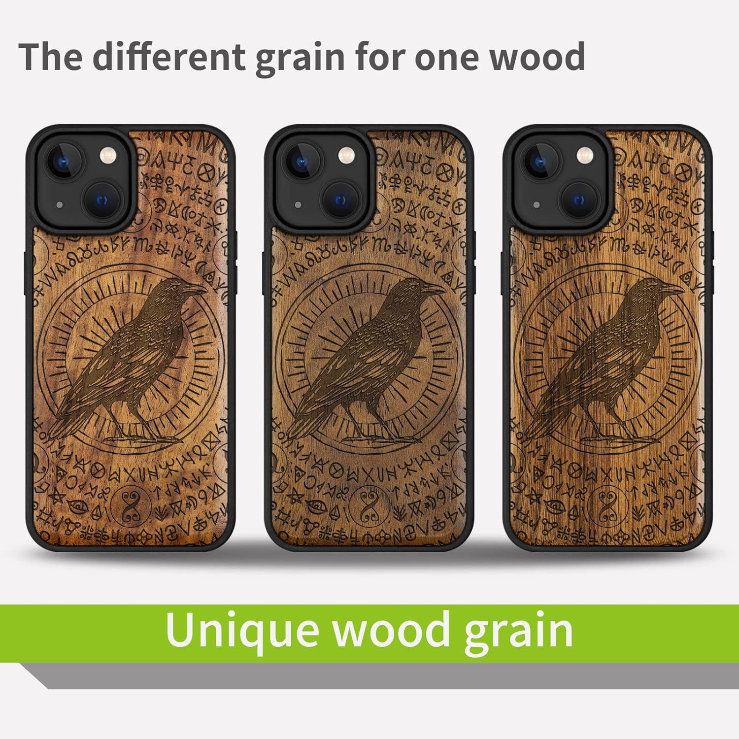 Carveit Magnetic Wood Case for iPhone 14 Case [Natural Wood & Black Soft TPU] Unique & Classy Wooden Shockproof Protective Cover Compatible with magsafe (Witchcraft Raven -Walnut)