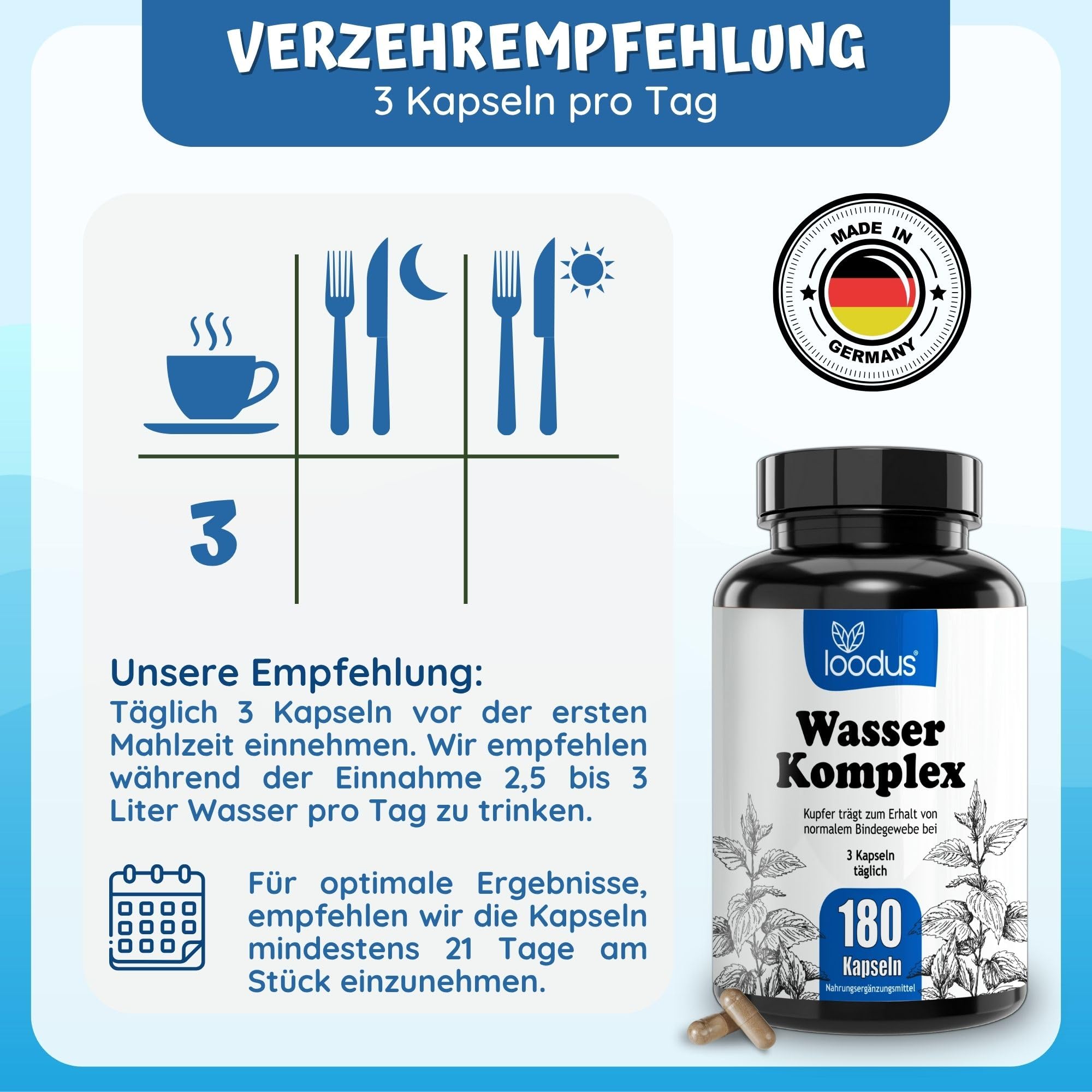 Wasser Komplex - 180 Brennnessel Extrakt Kapseln mit Petersilie Wacholderbeeren Löwenzahn Magnesium sowie Kupfer für das normale Bindegewebe - ohne chemische Entwässerungstabletten stark von loodus®