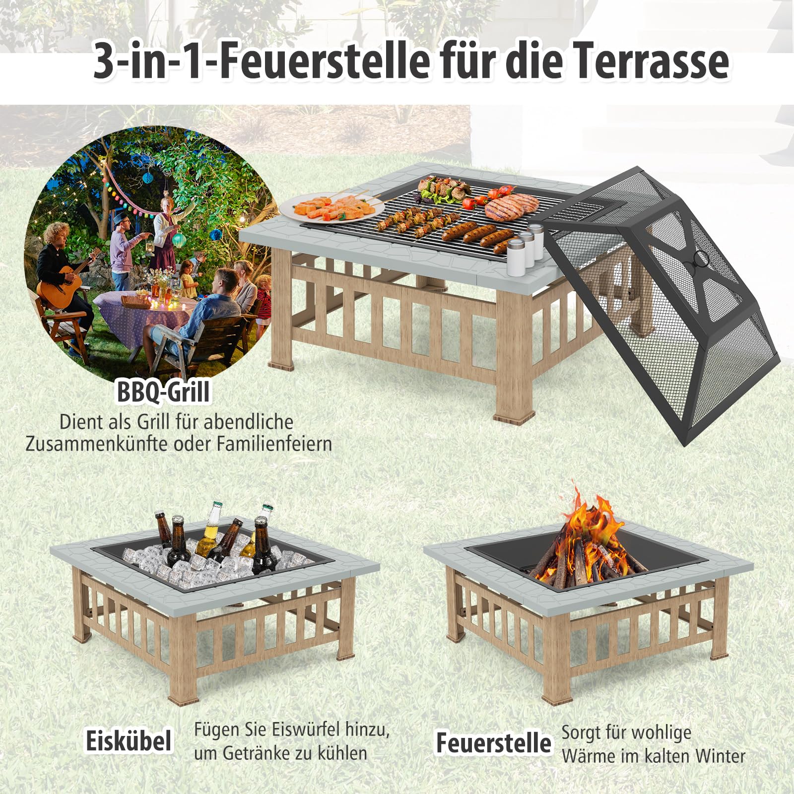 COSTWAY Palenisko z rusztem, palenisko 3 w 1, z ochroną przed iskrami i hakiem pogrzebowym, do ogrodu, na zewnątrz, 81 x 81 x 50 cm, Fire Pit do ogrzewania, grilla i pikników (kolor szary)