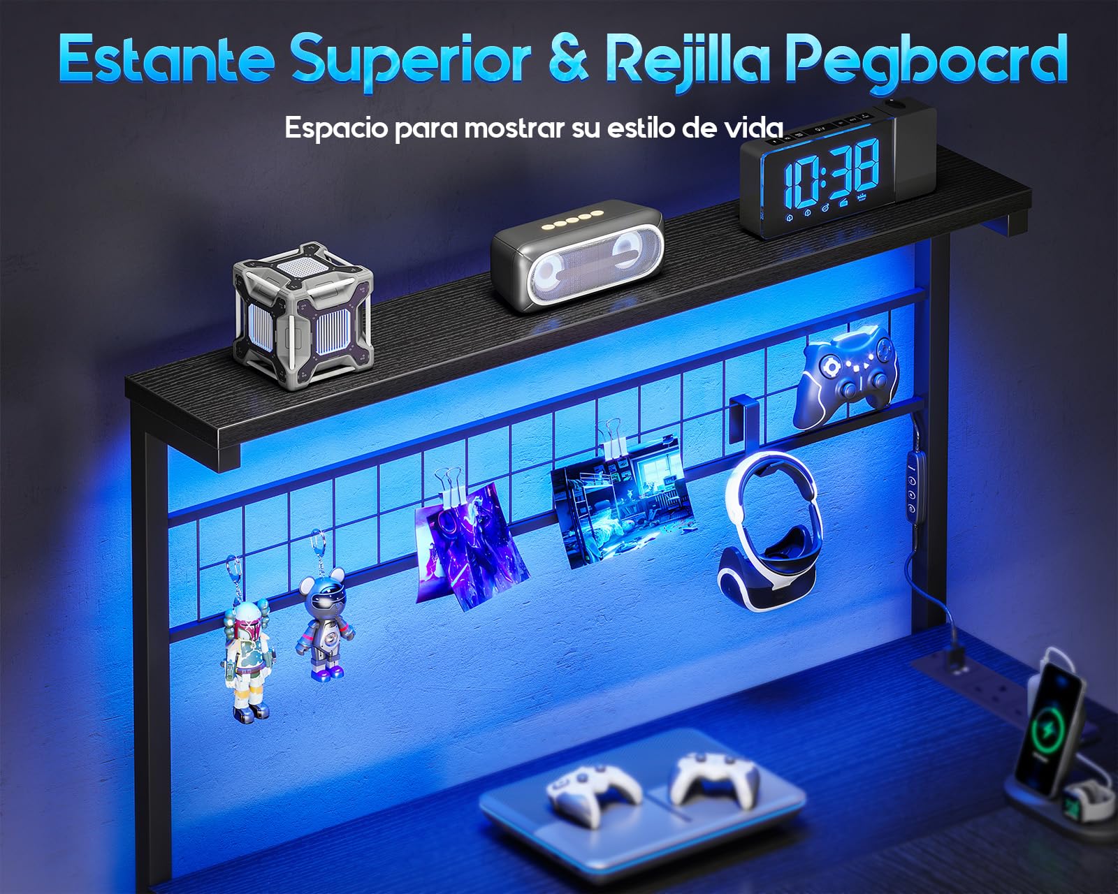 Coleshome Escritorio Gaming en L con 4 Cajones, 130x100cm Escritorio Gamer con LED y Enchufes, Escritorio Esquinero Mesa Gaming con Estanteria para Juegos Oficina en Casa, Negra
