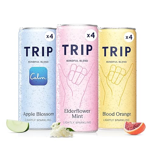 TRIP Mixed Pack Sparkling Drink with 120MG calming Magnesium + Lion’s Mane + Chamomile + Lemon Balm. Low Calorie and Vegan (Pack of 12 x 250ml) - Original Mixed Pack