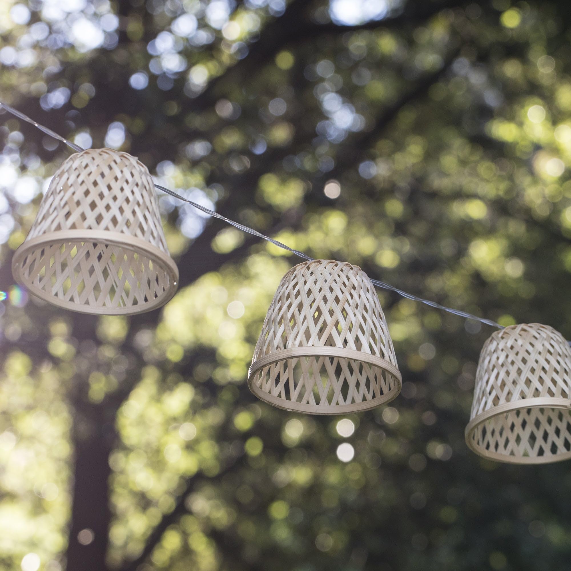 Lichtsnoer voor buiten, 10 exotische lampenkappen, stro, MINI HAWAI LIGHT HYBRID LED warm wit 7,50 m zonne-energie en op netstroom