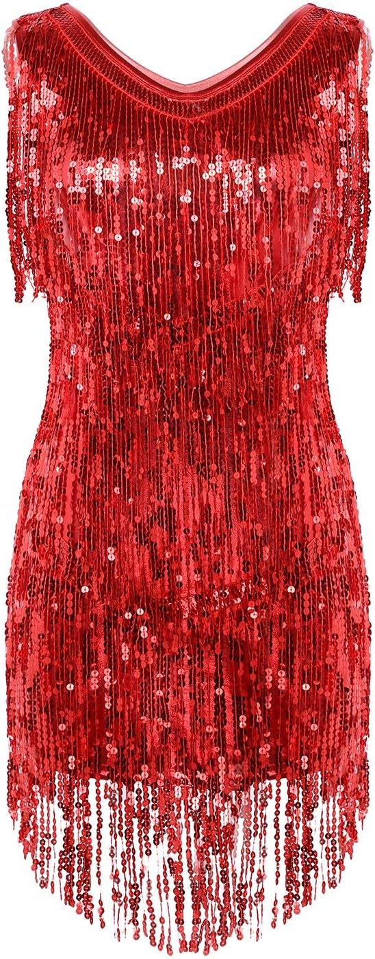 Agoky Mouwloze paillettenjurk voor dames, V-hals, glitterkwasten, partyjurk, flapperkostuum, dansjurk, samba, tango, latin-outfits, Rosé, M