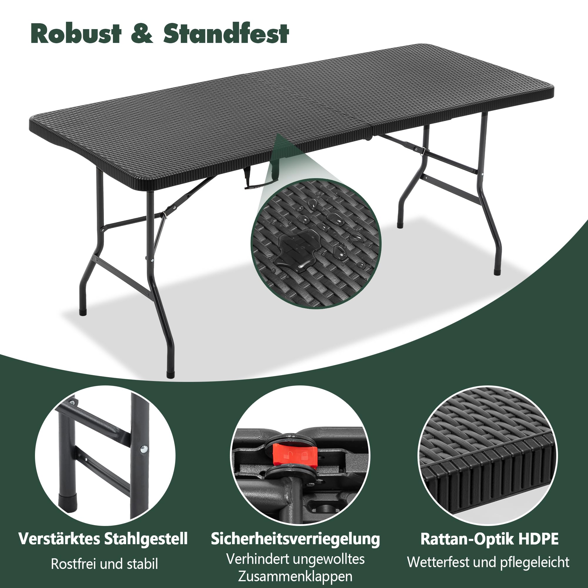 Thanaddo Buffettisch Gartentisch Bierzeltgarnitur Tisch, klappbar 3-teilig Set, 180x74 cm Kunststoff Campingtisch, Rattan-Look für bis zu 8 Personen, robuste wetterfest Biertisch Set, Anthrazit