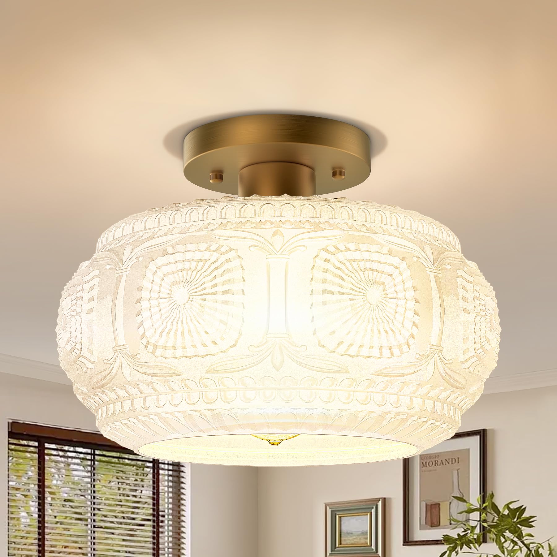 11 Inch Milk Glass Semi Flush Mount Ceiling Light Fixture, Gold