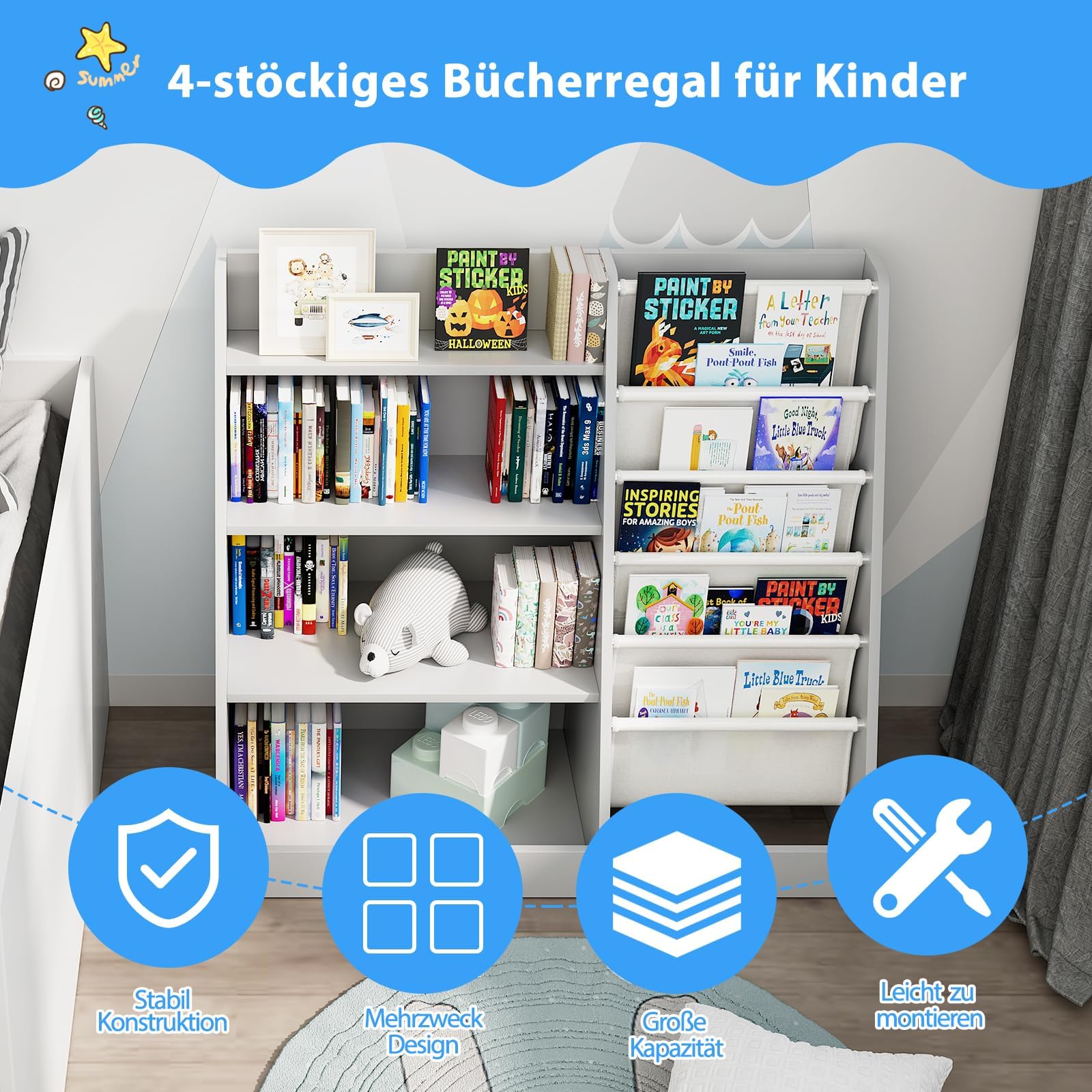 NACHES Kinderregal Bücherregal für Kinder, 90x40x80cm, mit 5 Ablage und 4 offenen Fächern, aus Holz, Spielzeugregal, Spielzeug-Organizer für Kinderzimmer, Wohnzimmer, Schlafzimmer (Grau)