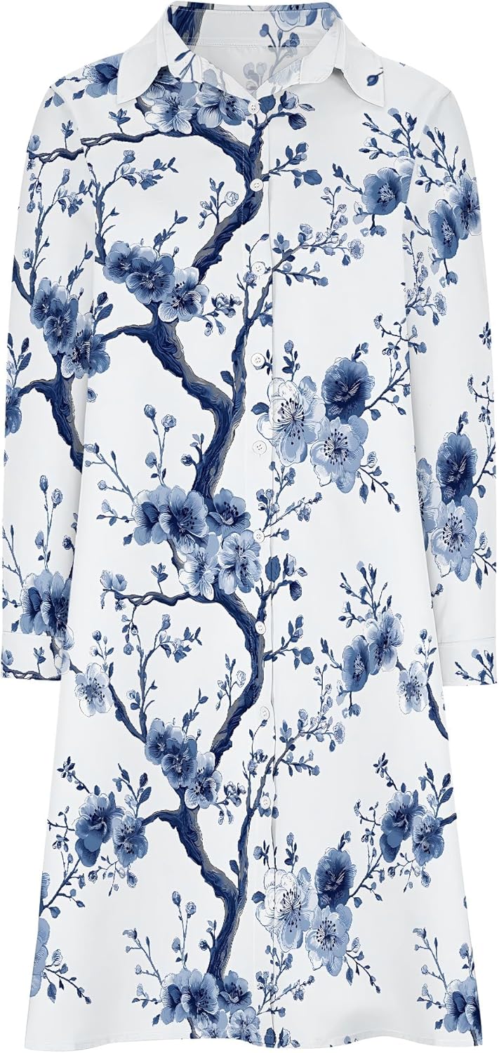 Shirt Dresses for Women 2025 Summer Long Sleeve Casual Plus Size Floral Printed Beach Vacation Dress with Pockets - Image 5