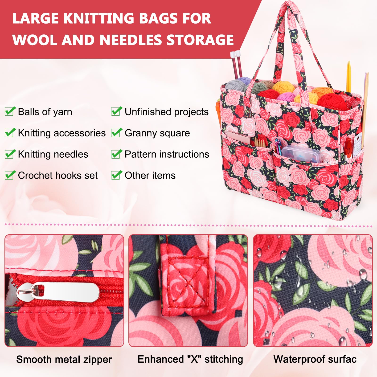 Aeelike Knitting Tote Bag, Large Craft Bags with Compartments - Image 4