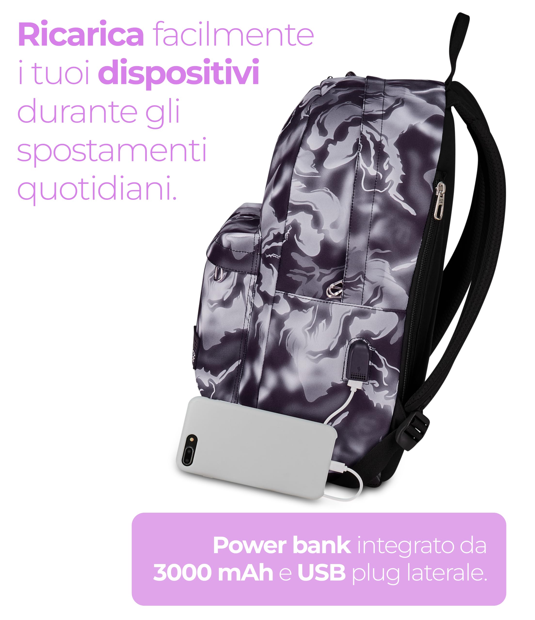 Seven Zaino Scuola Elementare Bambino, Scuola Media Ragazzo, Ischoolpack, Powerbank incluso, Scomparto PC, grigio scuro