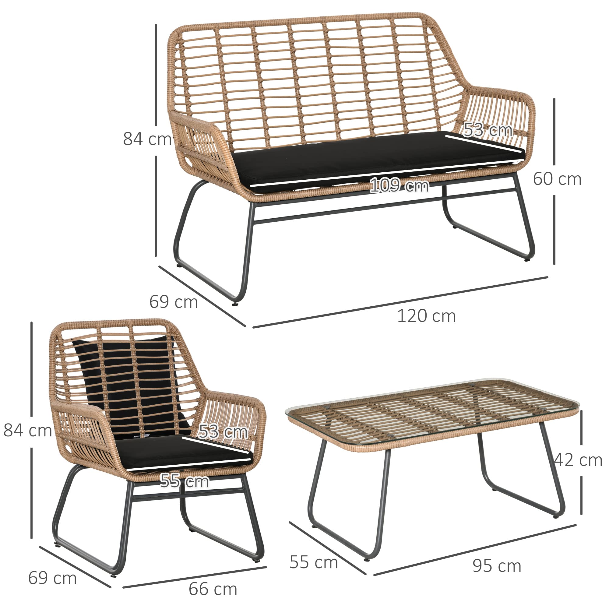 Outsunny Set Mobili da Giardino in Rattan PE da 4 Pezzi, Salotto da Esterno Stile Boho con 2 Poltrone, Divanetto e Tavolino con Ripiano