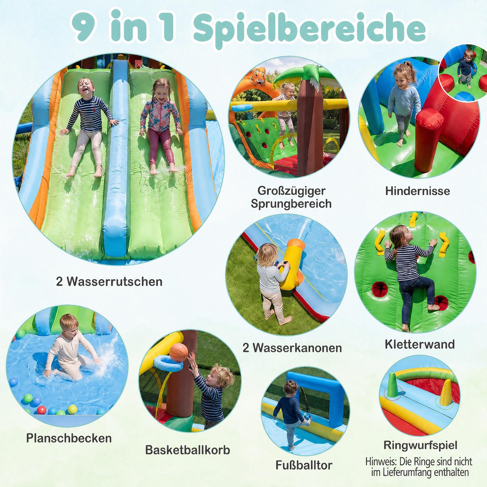 COSTWAY Hüpfburg XXL, Wasserpark, einzeln oder kombiniert verwenden | Bouncy Castle mit 2 Rutschen, Sprungbereich, Kletterwand, Ringwurfspiel, Planschbecken & 2 Wasserpistolen
