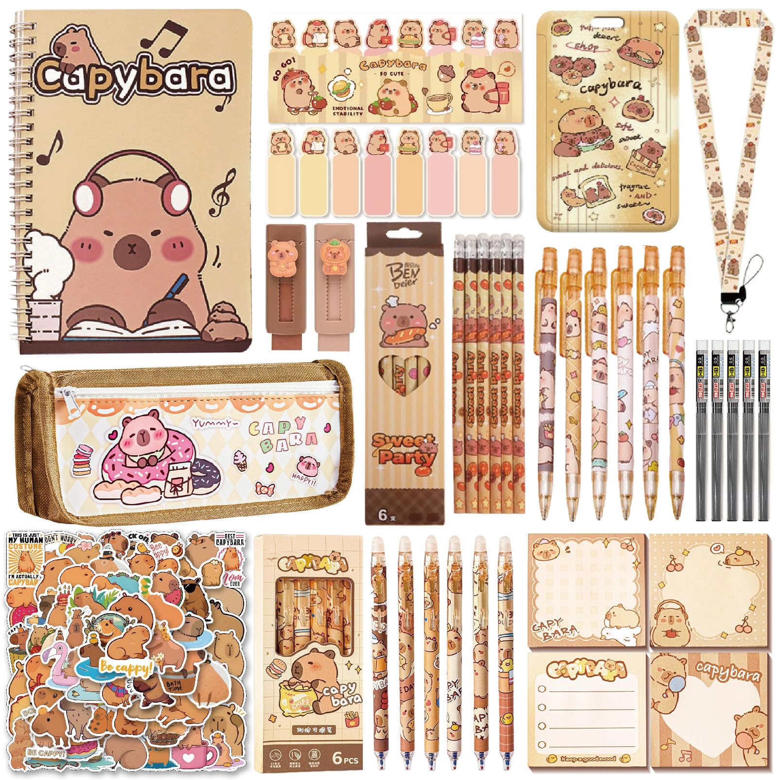 12PCS Capybara School Supplies set，Cute School Supplies ballpoint pens notebooks, pencil cse, sticky notes ，mechanical pencil