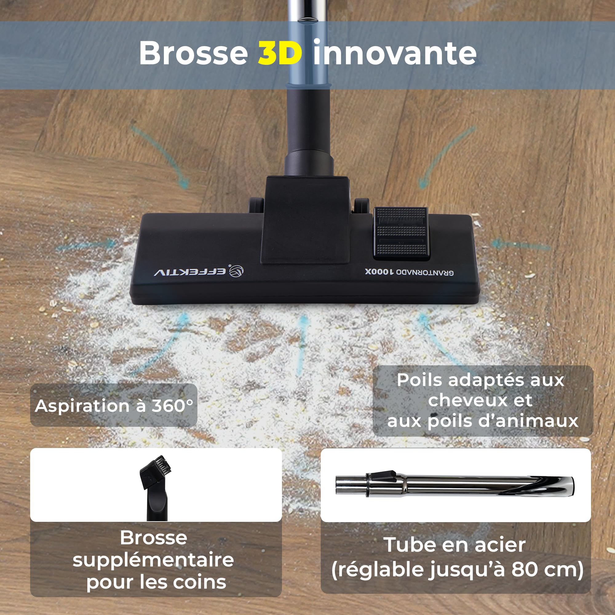 EFFEKTIV Aspirateur sans Sac GranTornado 1000X, MultiCyclonic 1200W Puissant Compact Aspirateur Traineau, Puissance 85000Pa, Capacité 2.5L, Silencieux 76dB, Filtre HEPA, Càble de 3m, Special Animaux