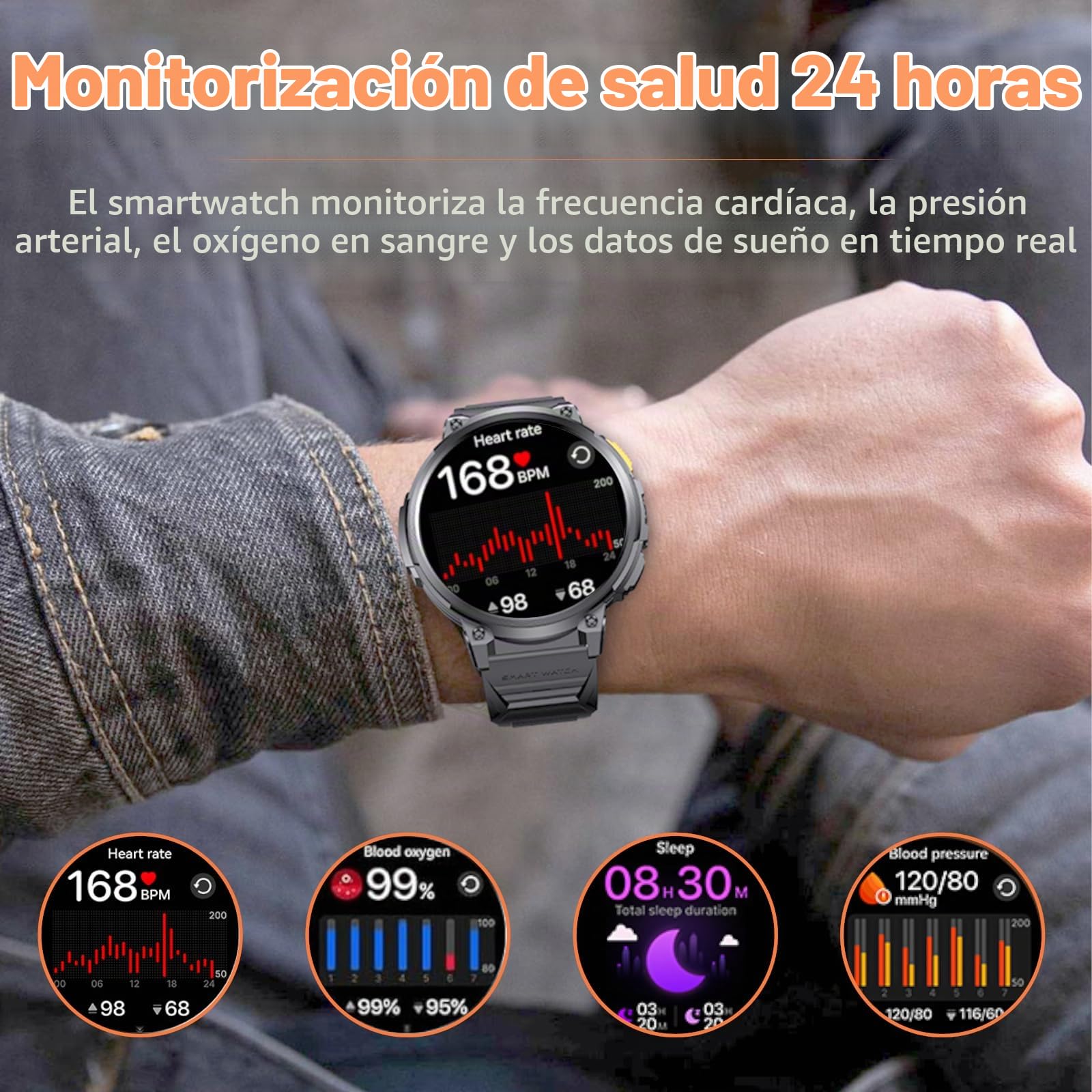 Reloj Inteligente Hombre - 1.85'' Smartwatch Hombres con Llamadas Bluetooth, LED Linterna, Monitor de 24/7 Pulsómetro SpO2 Sueño, 120 Modos Reloj Deportivos Hombre, IP68 Resistente al Agua
