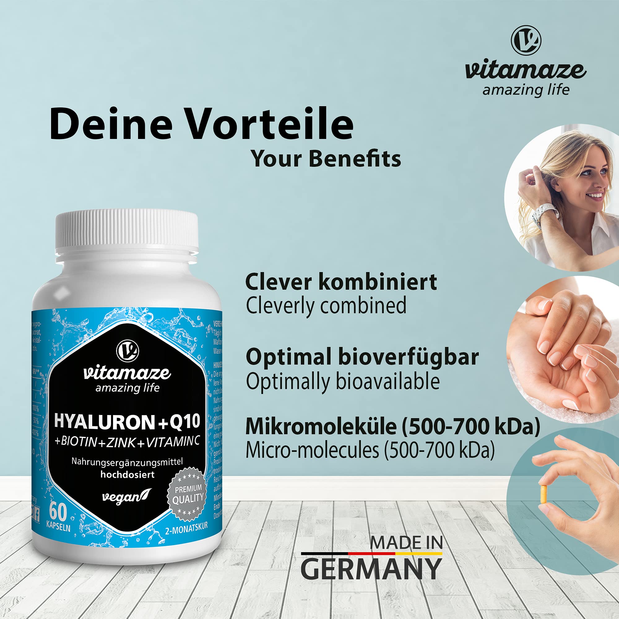 Hyaluronsäure hochdosiert 200 mg + Coenzym Q10 100 mg pro vegane 