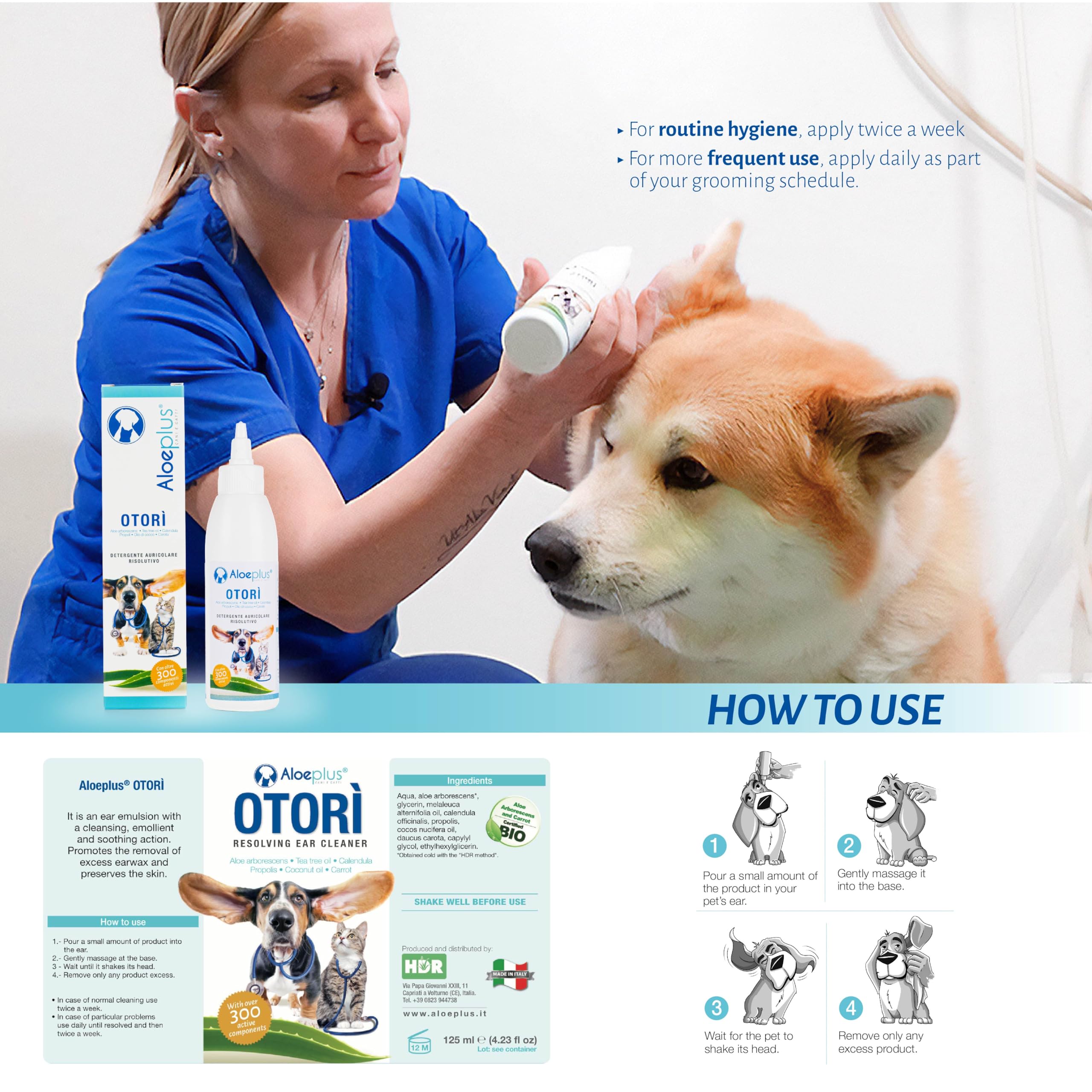 ALOEPLUS Otorì Detergente Orecchie Cane 125ml - per Pulizia Orecchie Cane e Gatti, 100% Naturale Aloe Arborescens BIO, Tea Tree Oil, Azione Emolliente e Lenitiva contro Prurito Cane (1.Confezione)