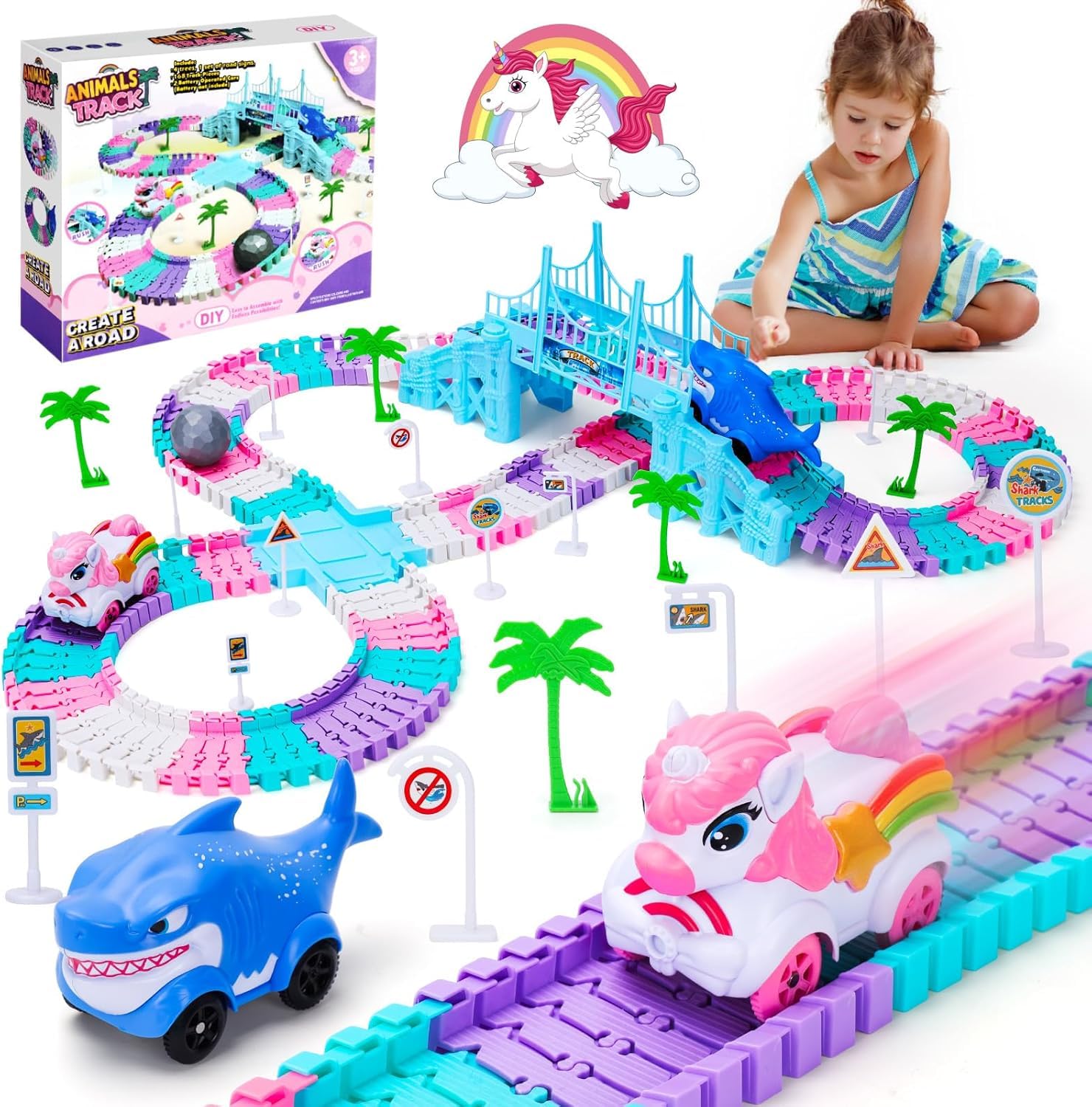 DIY Circuit Licorne 194 PCS – Piste Flexible et Modulable avec Voitures Requin & Balle, Jeu de Construction Créatif, Cadeau Licorne pour Filles et Garçons 3-12 Ans, Idée Cadeau Anniversaire Enfant