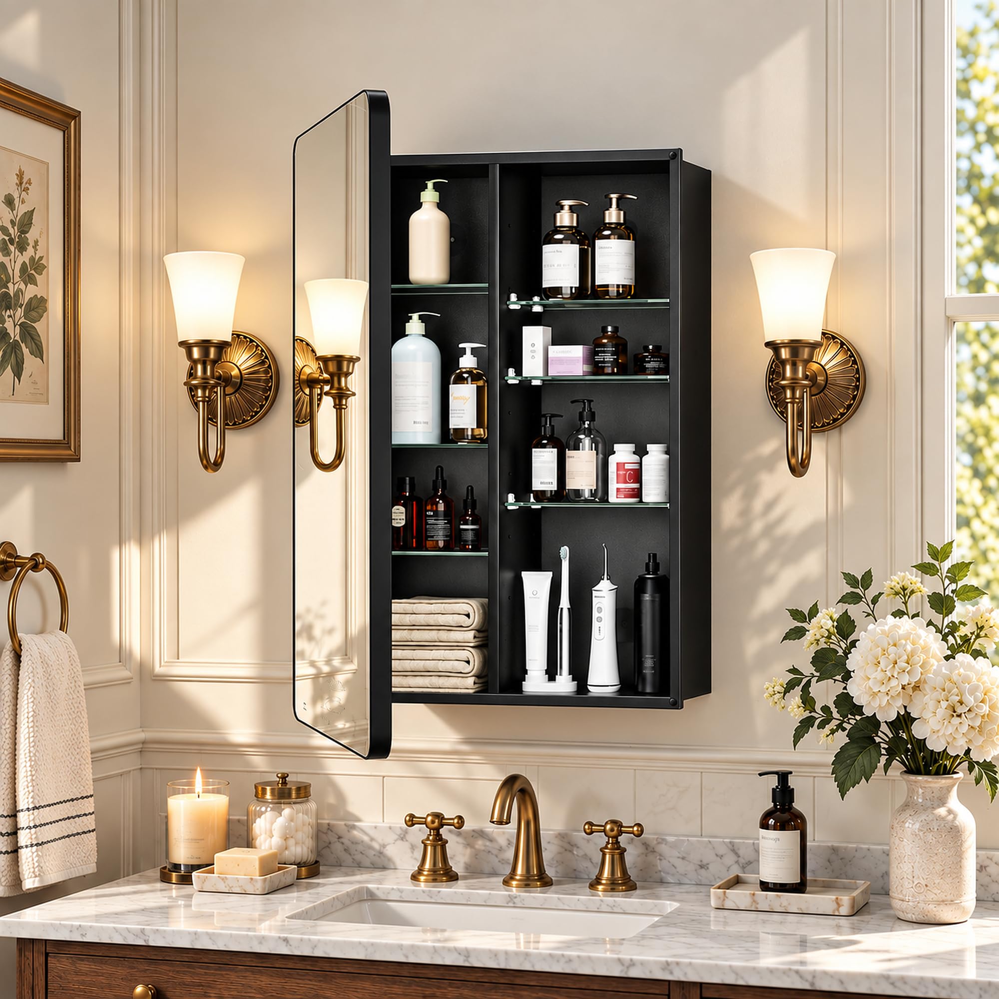 Bathroom Medicine Cabinet with Mirror, 20x30 Inch Recessed or Surface Mount Wall Organizer, Fits Tall Bottles, 6 Adjustable Glass Shelves, Soft Close DTC Hinges, Matte Black, Pre-Assembled