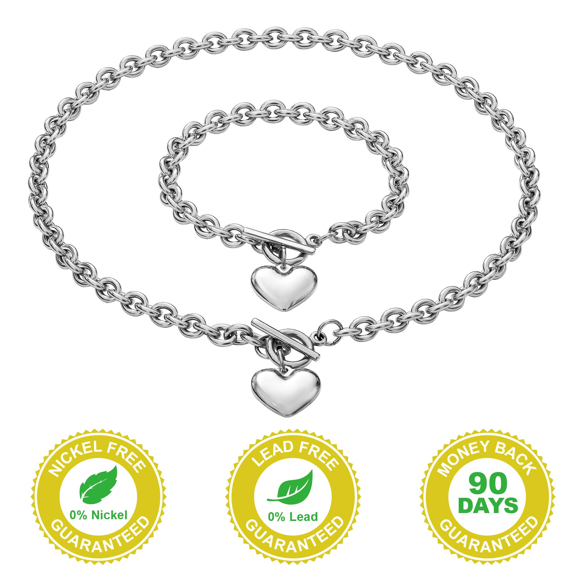 Collar de cadena de corazón + pulsera de corazón para mujeres y niñas, dije de corazones, conjunto de joyas de acero inoxidable de 18 quilates, oro rosa y plata, Acero inoxidable, Nada 5