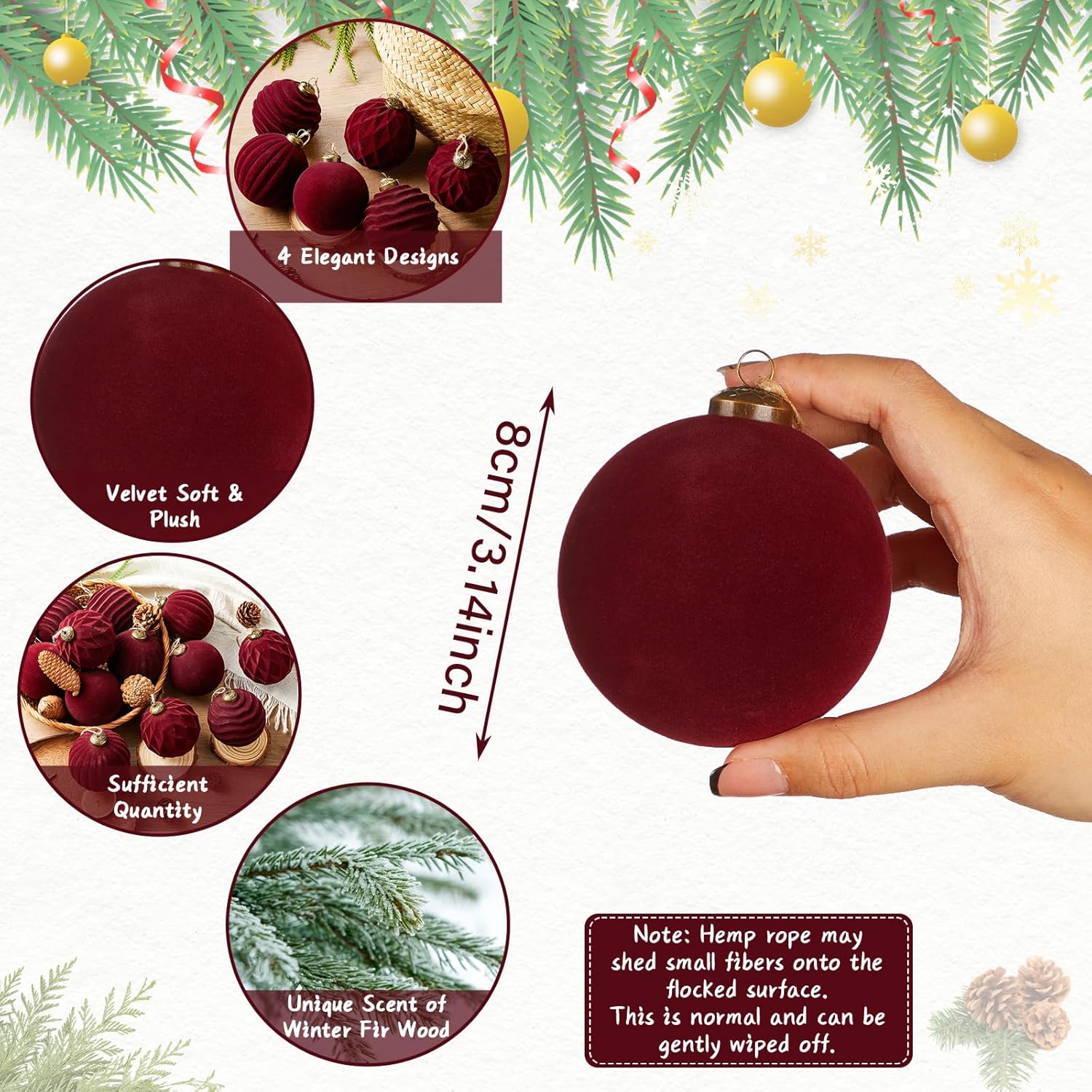 12 Pcs Light Scented Velvet Christmas Balls Bulk Winter Fir Scent Flocked Christmas Tree Ball Ornaments Hanging Baubles for Xmas Holiday Home Gift Yard Decor (Burgundy 3.15 Inch)