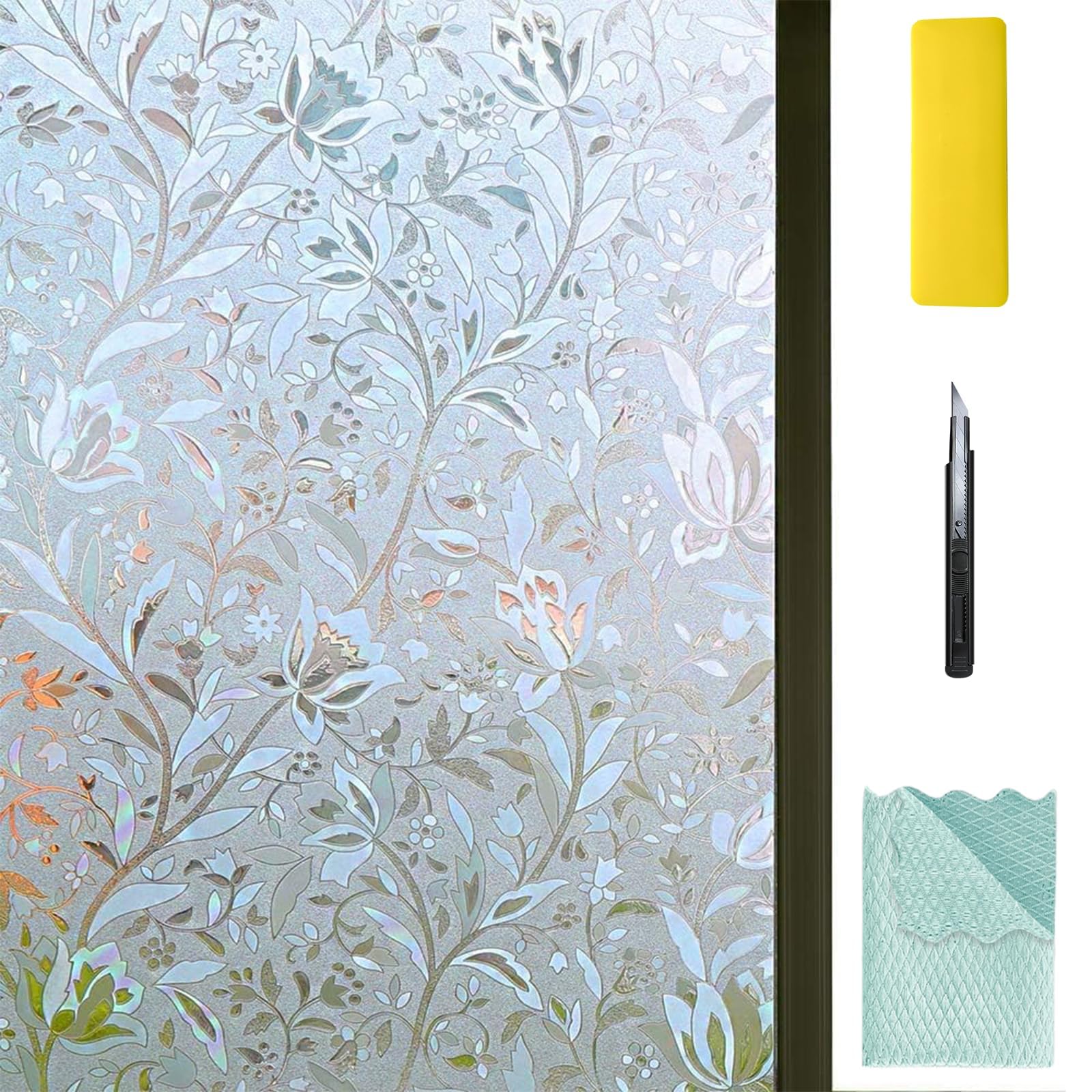 Niviy Excellent Quality 3D Static Cling Window Film Non-Adhesive Window Covering Decorative Flower Privacy Film for Window 35.4" x 157"