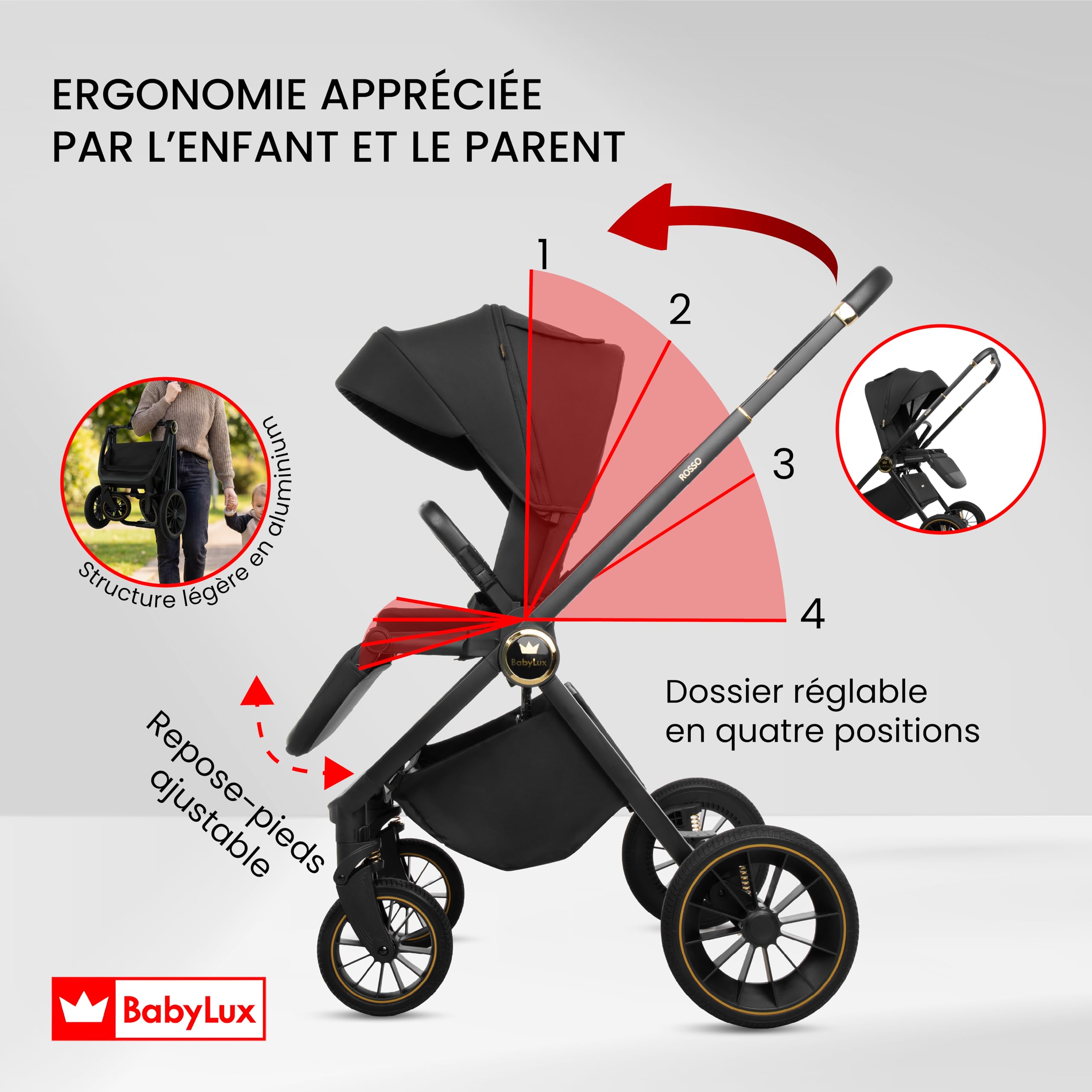 BabyLux Poussette 3en1 Set Rosse, Pliable Léger Poussettes Combinées Baignoire Bébé, Buggy Siège Sport, Coque Bébé I-Size, 4 Positions Couchage, 0-22kg